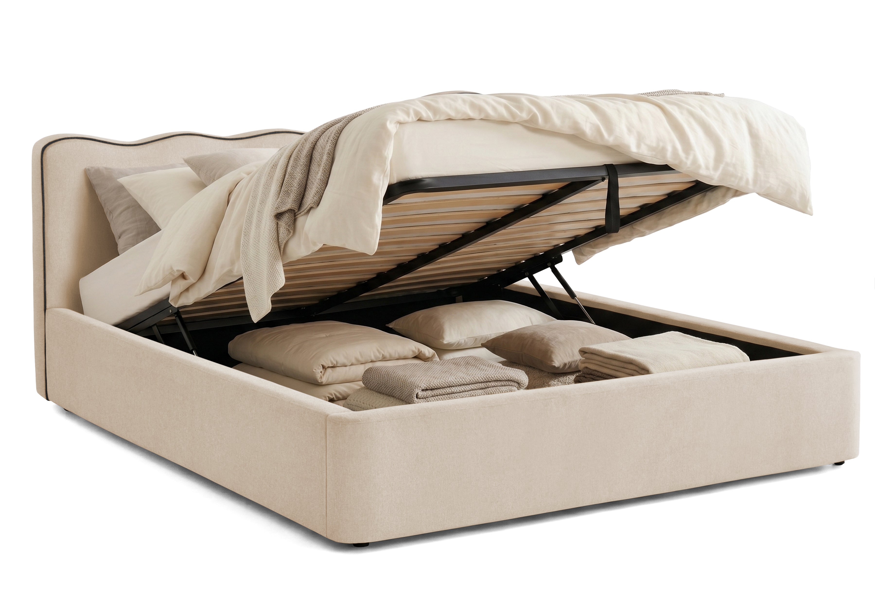 Pat Tapițat KESINGTON, cu somieră rabatabilă și ladă de depozitare, #color_Bej-Loft