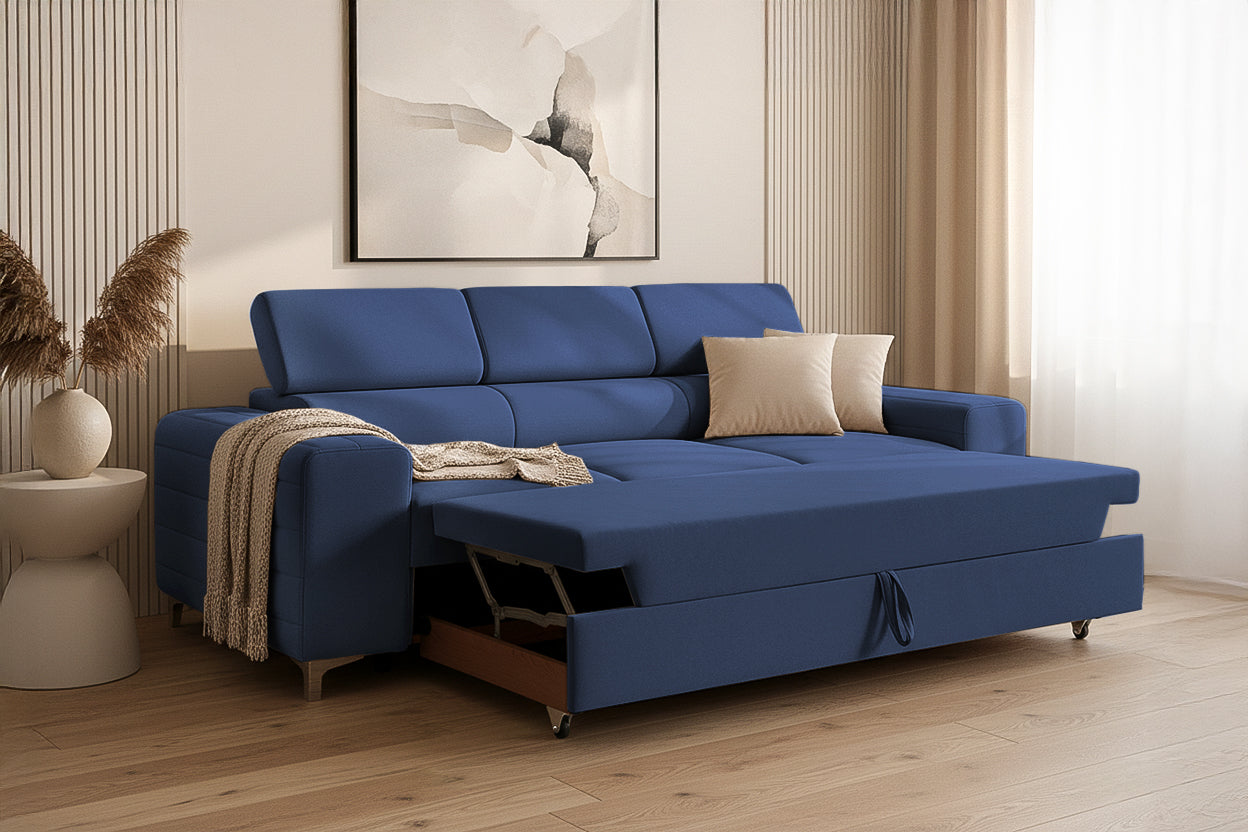 Canapea Extensibilă 3 locuri TIME, cu tetiere reglabile, cu suport lombar, 255x97x94 cm #color_Albastru-Velluto