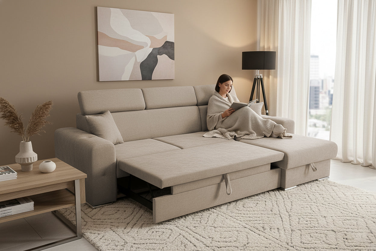 Coltar Extensibil BELLAGIO, sezlong interschimbabil, cu lada de depozitare, cu tetiere, 275x170x85 cm - Prestigehome.ro - Coltare - Prestige - #color_bej-enjoy