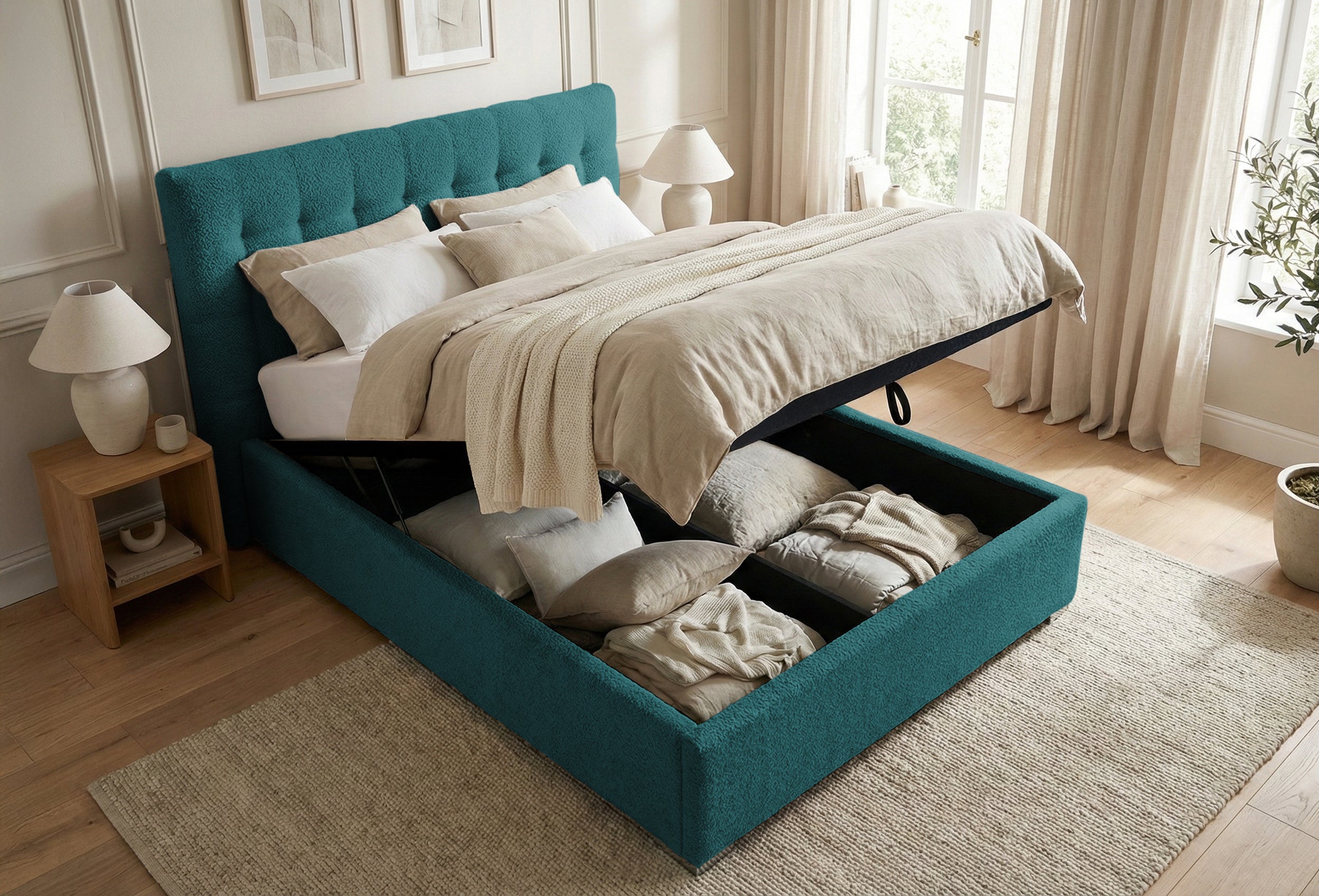 Pat Tapițat Strasbourg Premium, cu somieră rabatabilă și ladă depozitare, #color_Turcoaz-Anthology