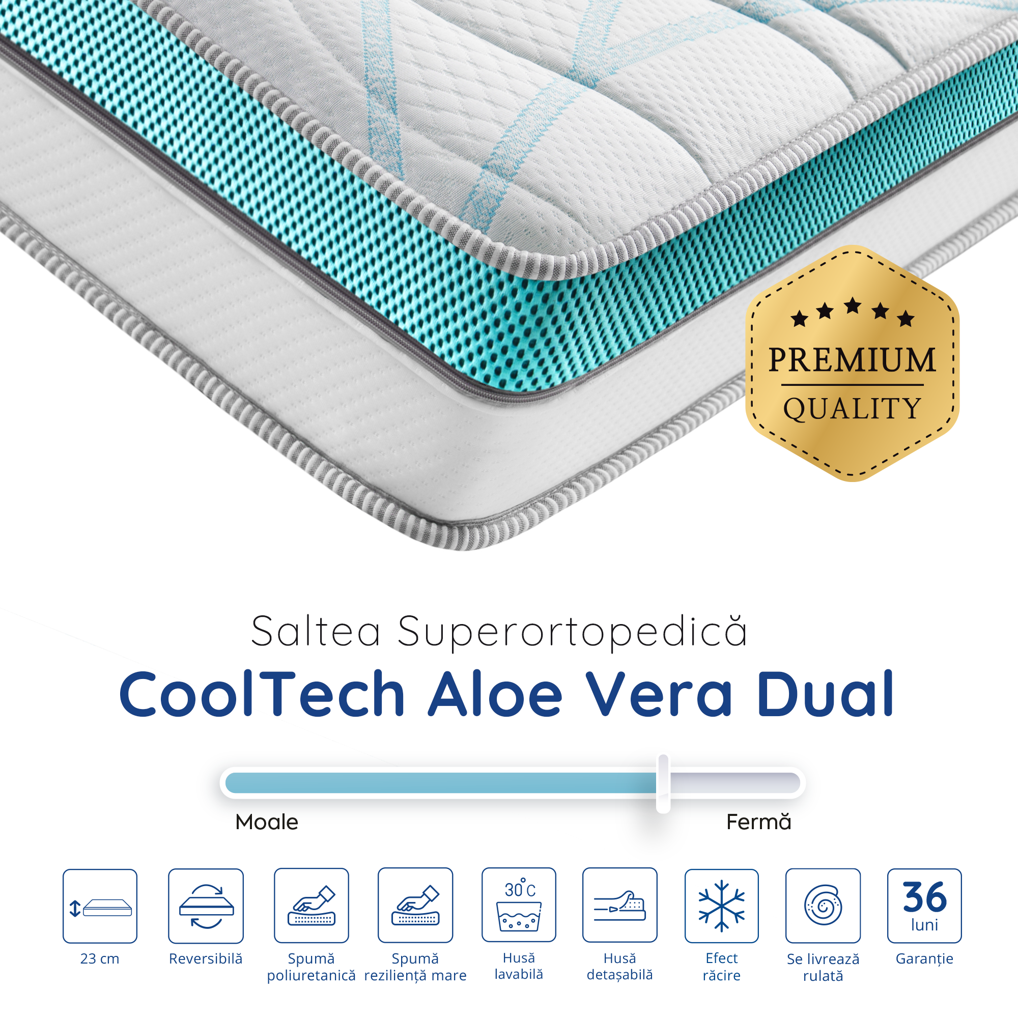 Saltea Ideal Sleep COOLTECH ALOE VERA DUAL, spumă poliuretanică durabilă, spumă High Resilience, husă CoolTech, superortopedică, Grosime 23 cm