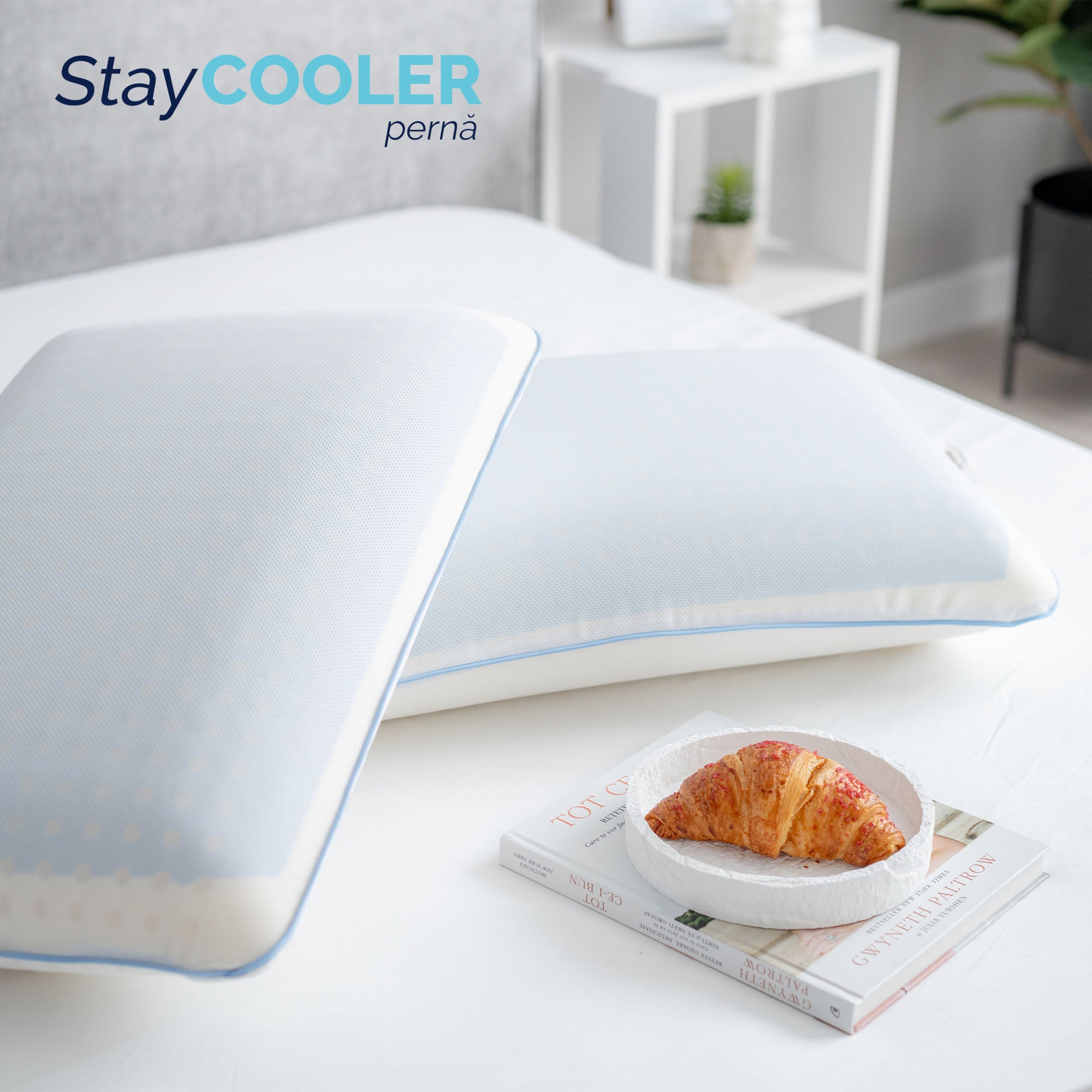 Pernă Stay Cooler, din spumă cu memorie Viscolex cu efect de răcire, husă detașabilă cu efect de ventilație al aerului, 60x40x15 cm