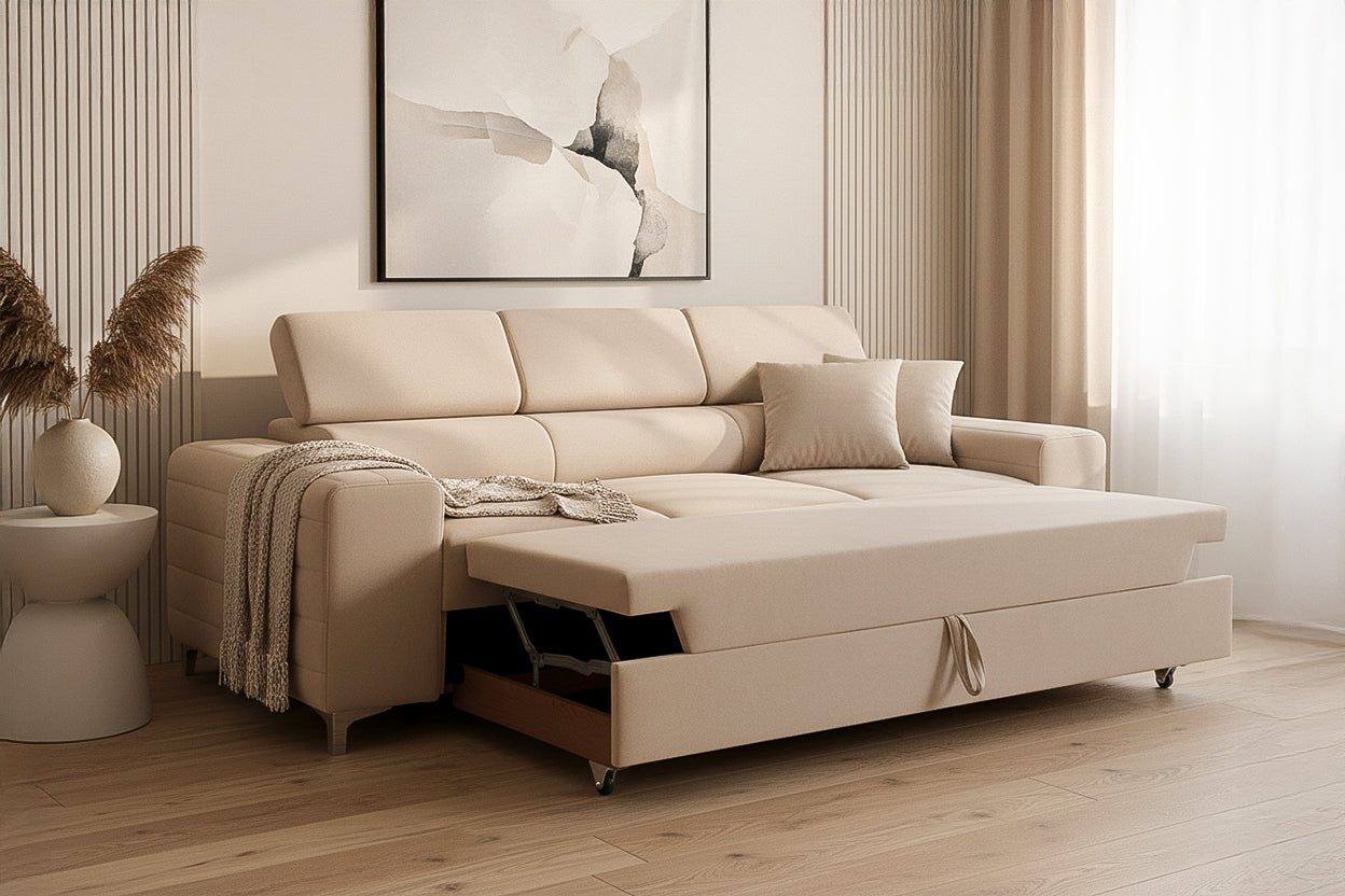 Canapea Extensibilă 3 locuri TIME, cu tetiere reglabile, cu suport lombar, 255x97x94 cm #color_Bej-Velluto