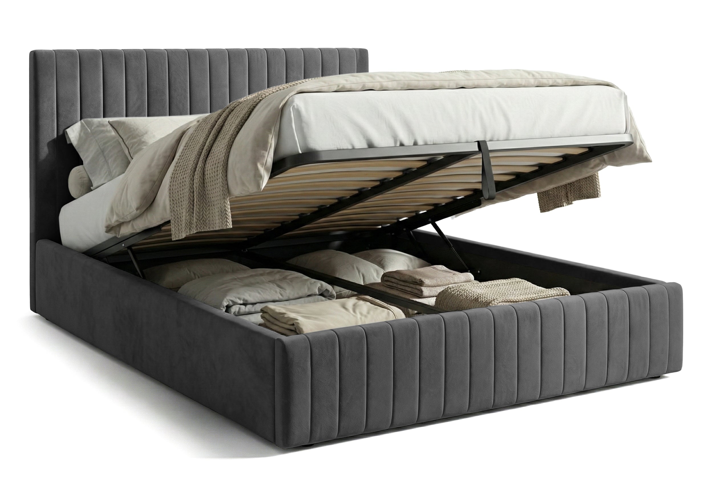 Pat Tapițat Sara, cu somieră rabatabilă și ladă depozitare #color_Gri-Velluto