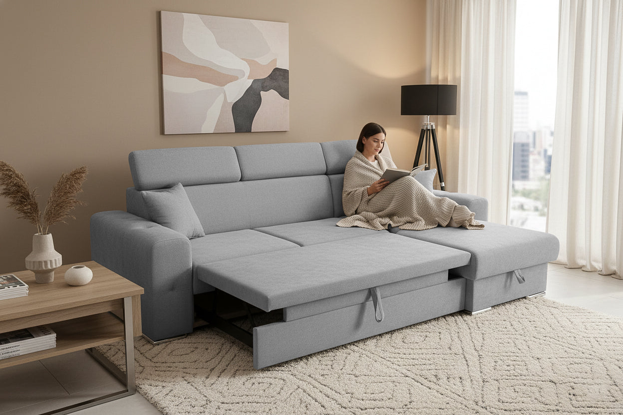 Coltar Extensibil BELLAGIO, sezlong interschimbabil, cu lada de depozitare, cu tetiere, 275x170x85 cm - Prestigehome.ro - Coltare - Prestige - #color_Gri-Deschis-Enjoy