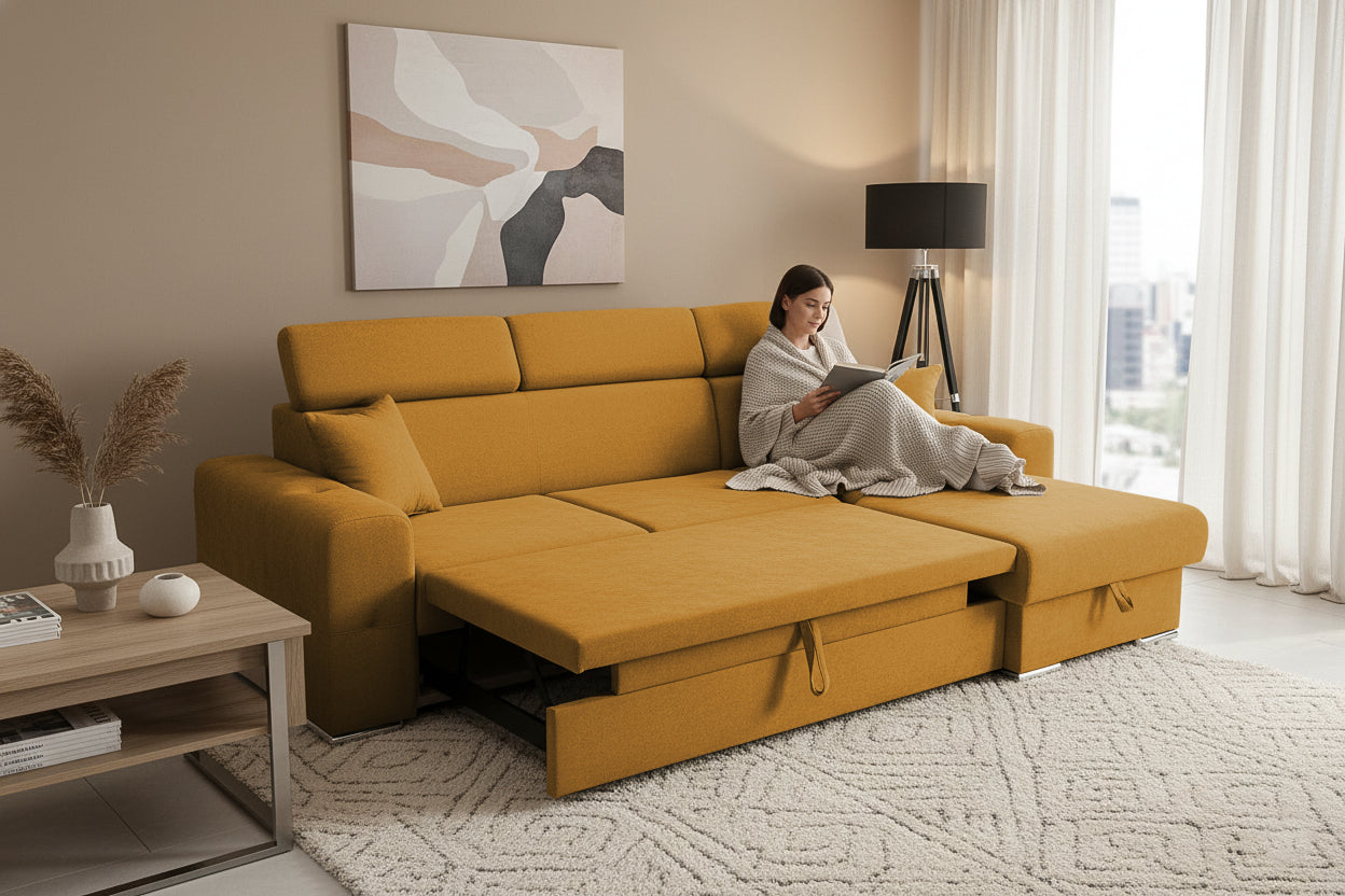 Coltar Extensibil BELLAGIO, sezlong interschimbabil, cu lada de depozitare, cu tetiere, 275x170x85 cm - Prestigehome.ro - Coltare - Prestige - #color_Mango-Enjoy