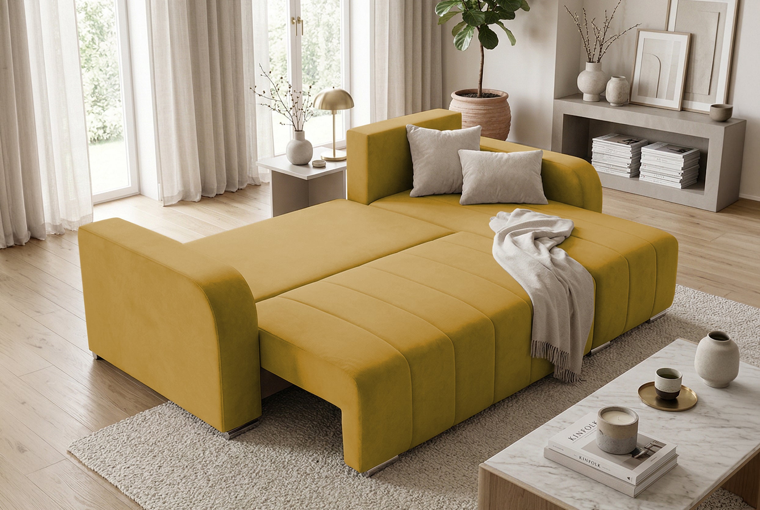 Colțar Extensibil DIEGO, cu lada depozitare, sezlong interschimbabil, 230x190x93cm, Prestigehome.ro, #color_Galben-Olive-Whisper