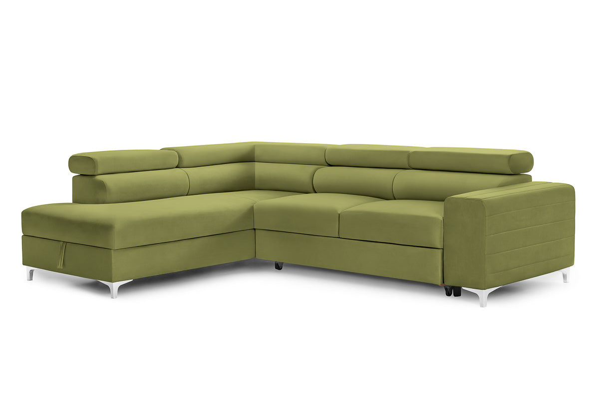 Colțar Extensibil TIME, cu lada depozitare, tetiere reglabile, 285x220x95 cm, #color_Verde-Olive-Velluto