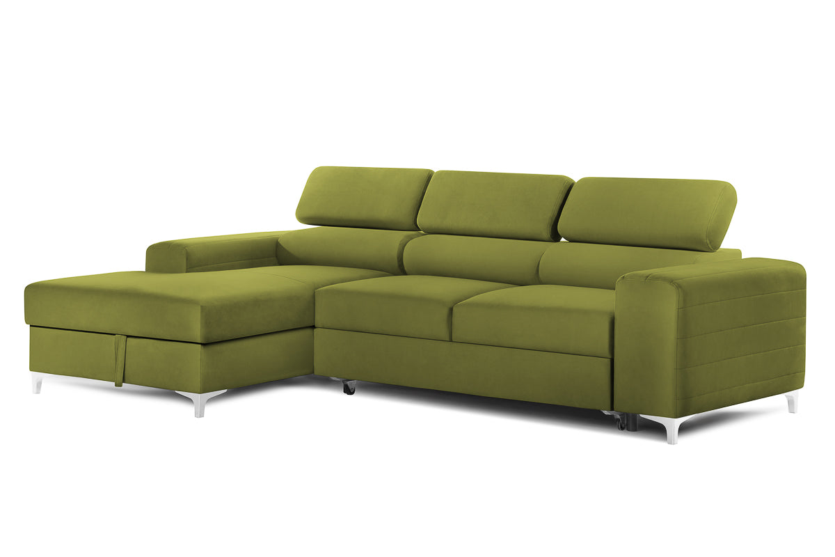 Colțar Extensibil LOFT, cu lada depozitare, tetiere reglabile, 295x170x95 cm, #color_Verde-Olive-Velluto