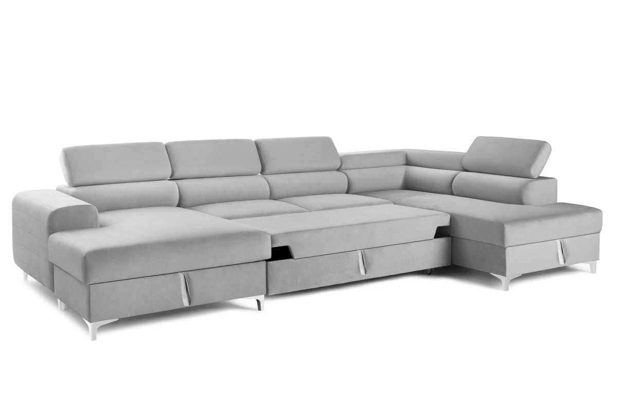 Colțar Extensibil, în formă de U, TIME, cu 2 lăzi de depozitare, cu tetiere reglabile, 360x220x95 cm #color_Gri-Silver-Velluto
