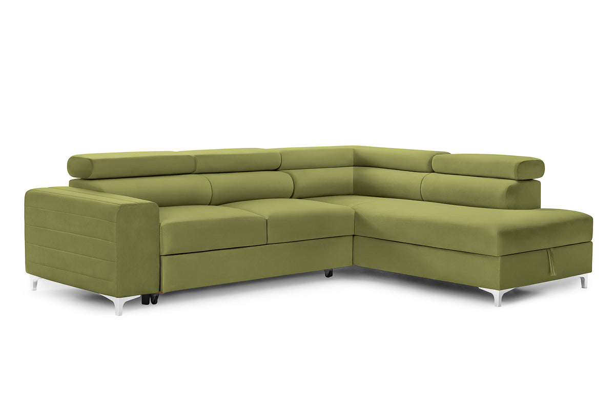 Colțar Extensibil TIME, cu lada depozitare, tetiere reglabile, 285x220x95 cm, #color_Verde-Olive-Velluto