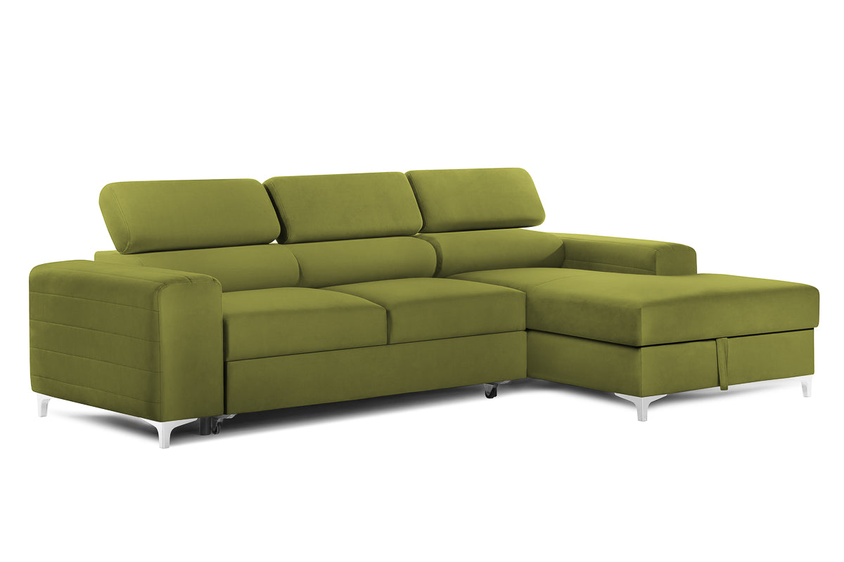 Colțar Extensibil LOFT, cu lada depozitare, tetiere reglabile, 295x170x95 cm, #color_Verde-Olive-Velluto