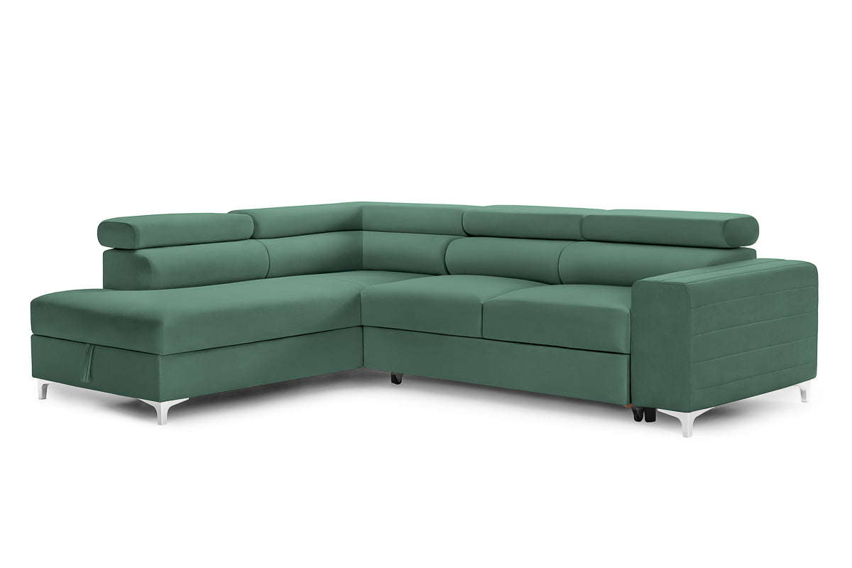 Colțar Extensibil TIME, cu lada depozitare, tetiere reglabile, 285x220x95 cm, #color_Verde-Padure-Velluto
