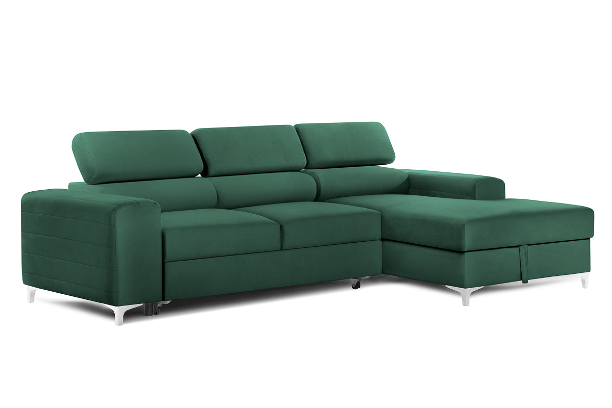 Colțar Extensibil LOFT, cu lada depozitare, tetiere reglabile, 295x170x95 cm, #color_Verde-Padure-Velluto