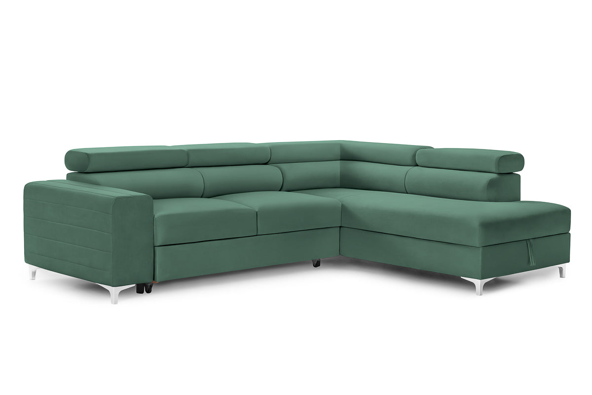 Colțar Extensibil TIME, cu lada depozitare, tetiere reglabile, 285x220x95 cm, #color_Verde-Padure-Velluto