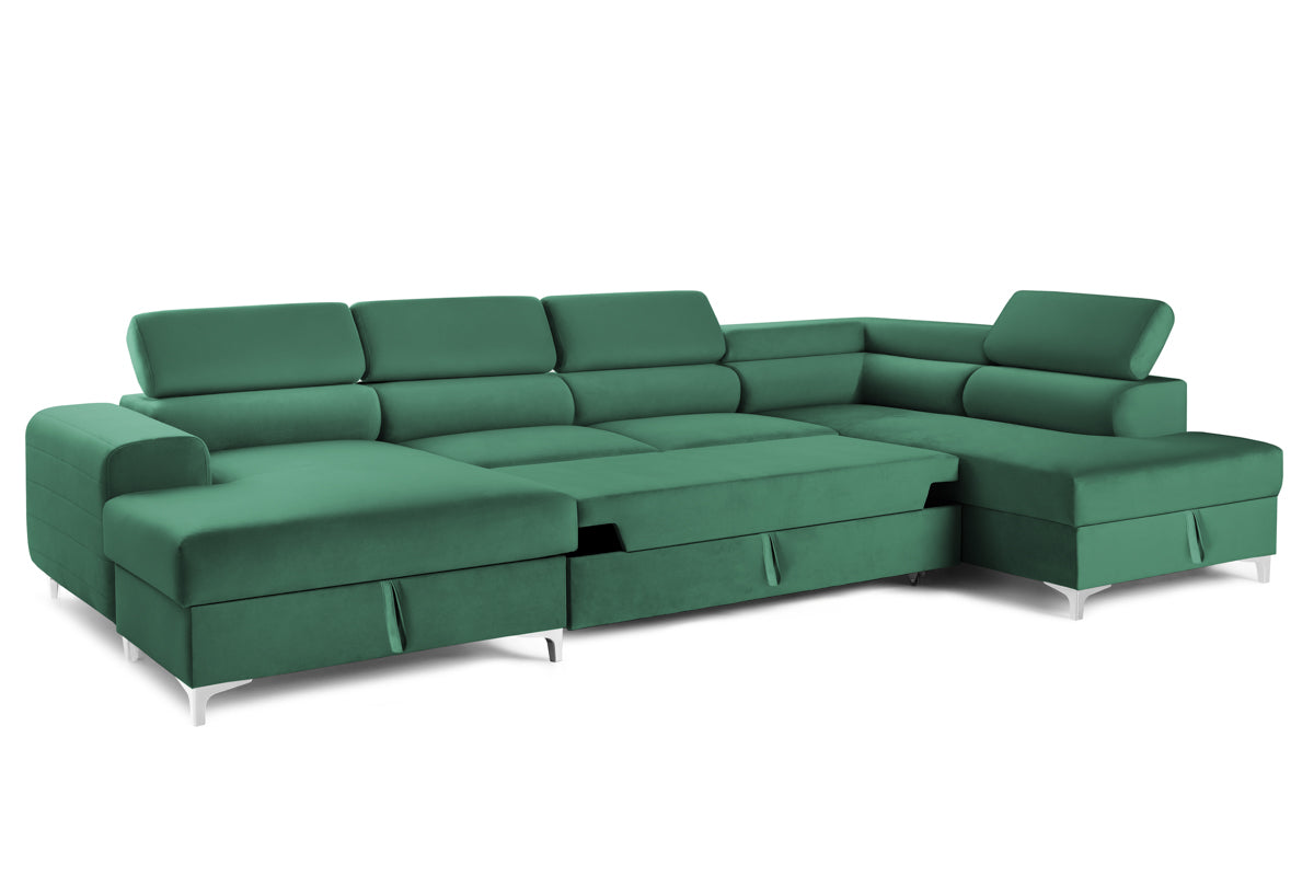 Colțar Extensibil, în formă de U, TIME, cu 2 lăzi de depozitare, cu tetiere reglabile, 360x220x95 cm #color_Verde-Padure-Velluto