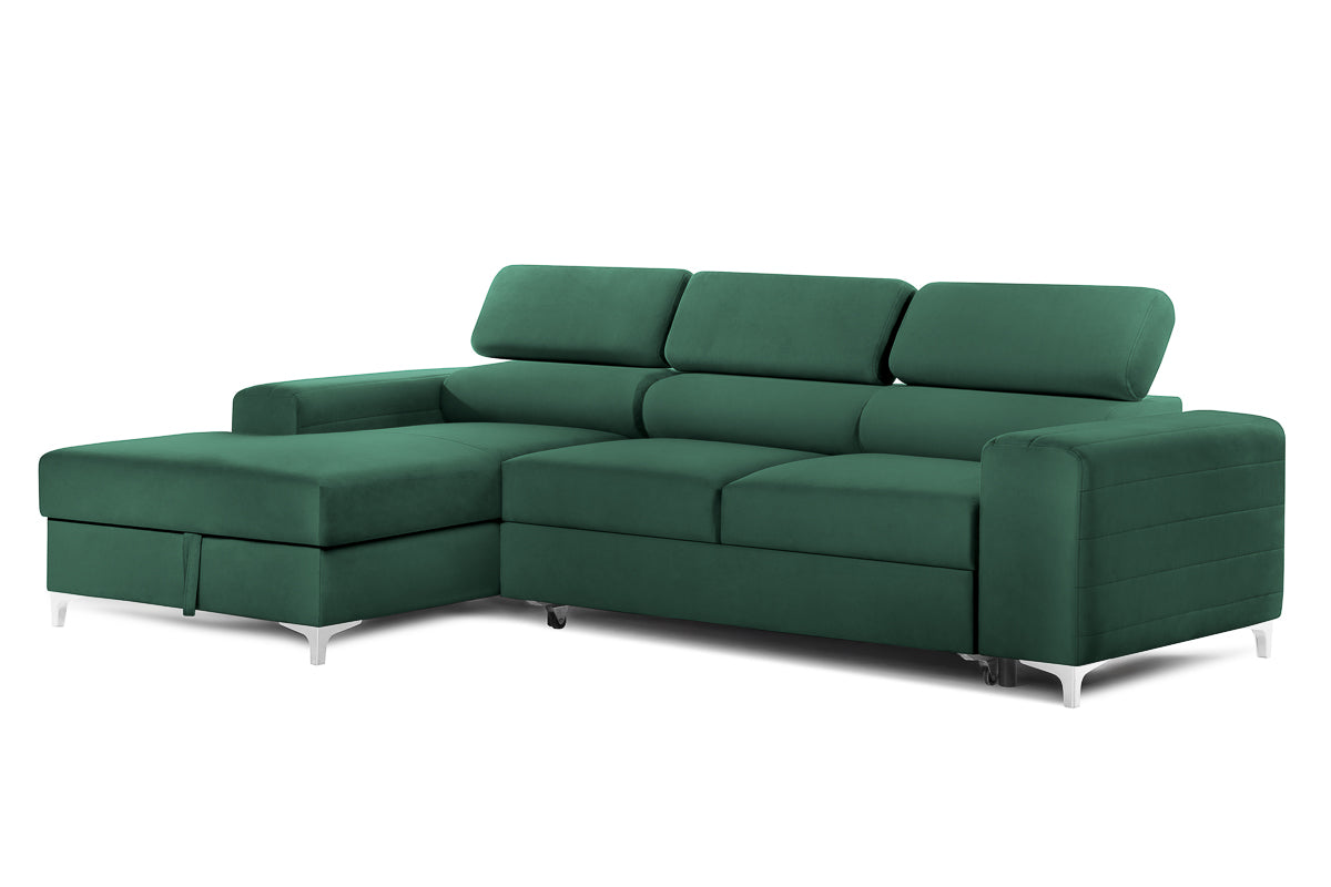 Colțar Extensibil LOFT, cu lada depozitare, tetiere reglabile, 295x170x95 cm, #color_Verde-Padure-Velluto