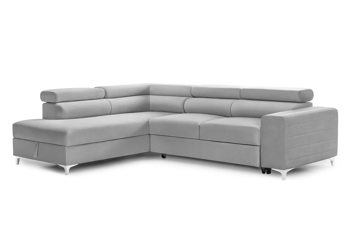 Colțar Extensibil TIME, cu lada depozitare, tetiere reglabile, 285x220x95 cm, #color_Gri-Silver-Velluto