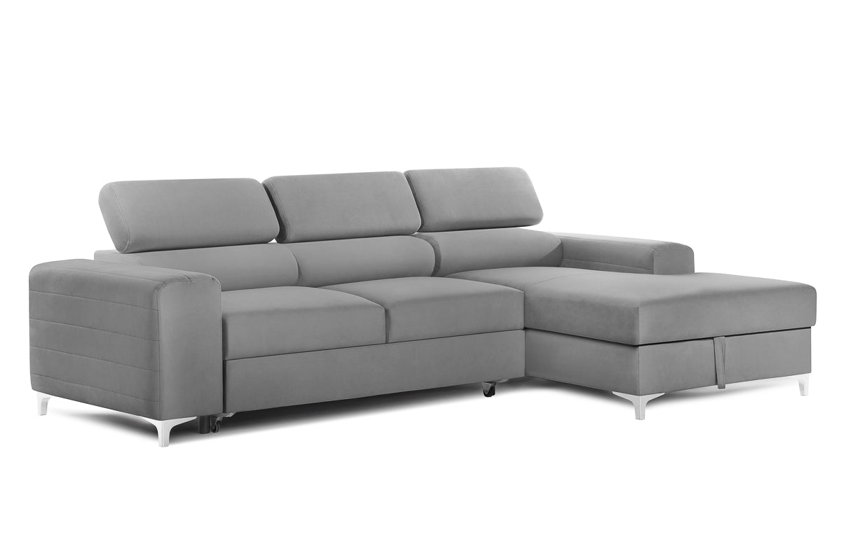 Colțar Extensibil LOFT, cu lada depozitare, tetiere reglabile, 295x170x95 cm, #color_Gri-Silver-Velluto