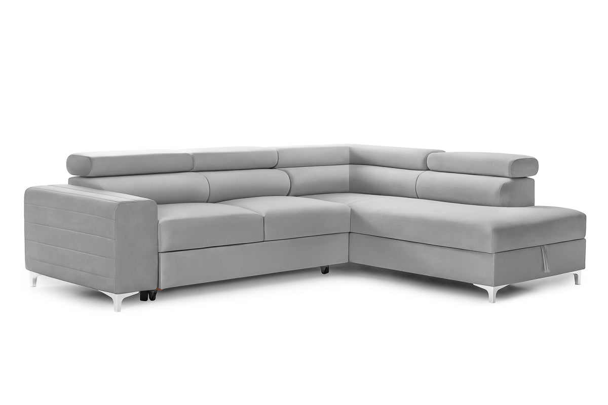 Colțar Extensibil TIME, cu lada depozitare, tetiere reglabile, 285x220x95 cm, #color_Gri-Silver-Velluto