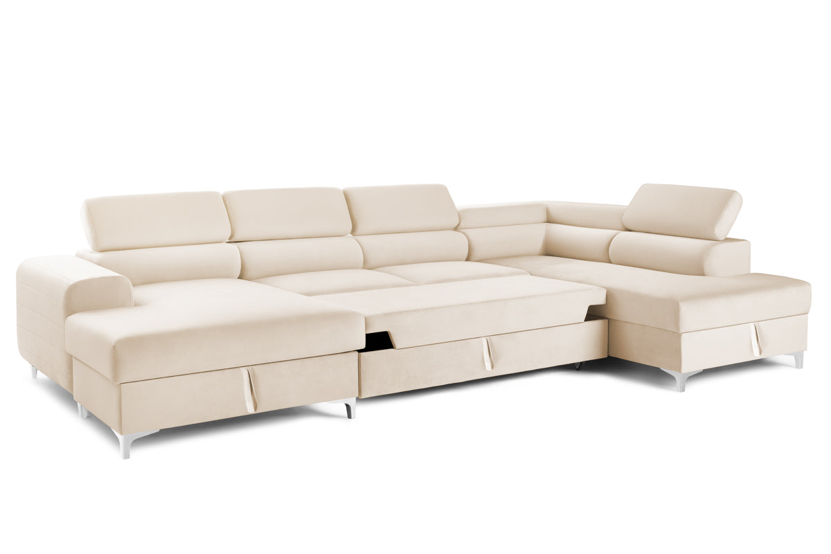 Colțar Extensibil, în formă de U, TIME, cu 2 lăzi de depozitare, cu tetiere reglabile, 360x220x95 cm #color_Bej-Velluto