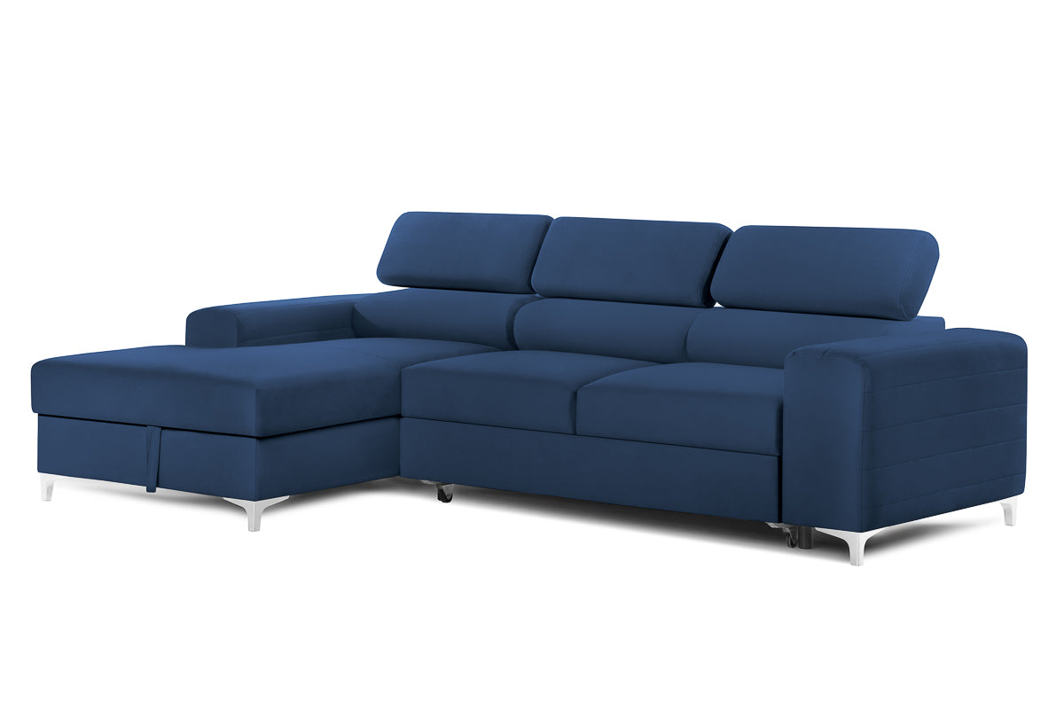 Colțar Extensibil LOFT, cu lada depozitare, tetiere reglabile, 295x170x95 cm, #color_Albastru-Velluto