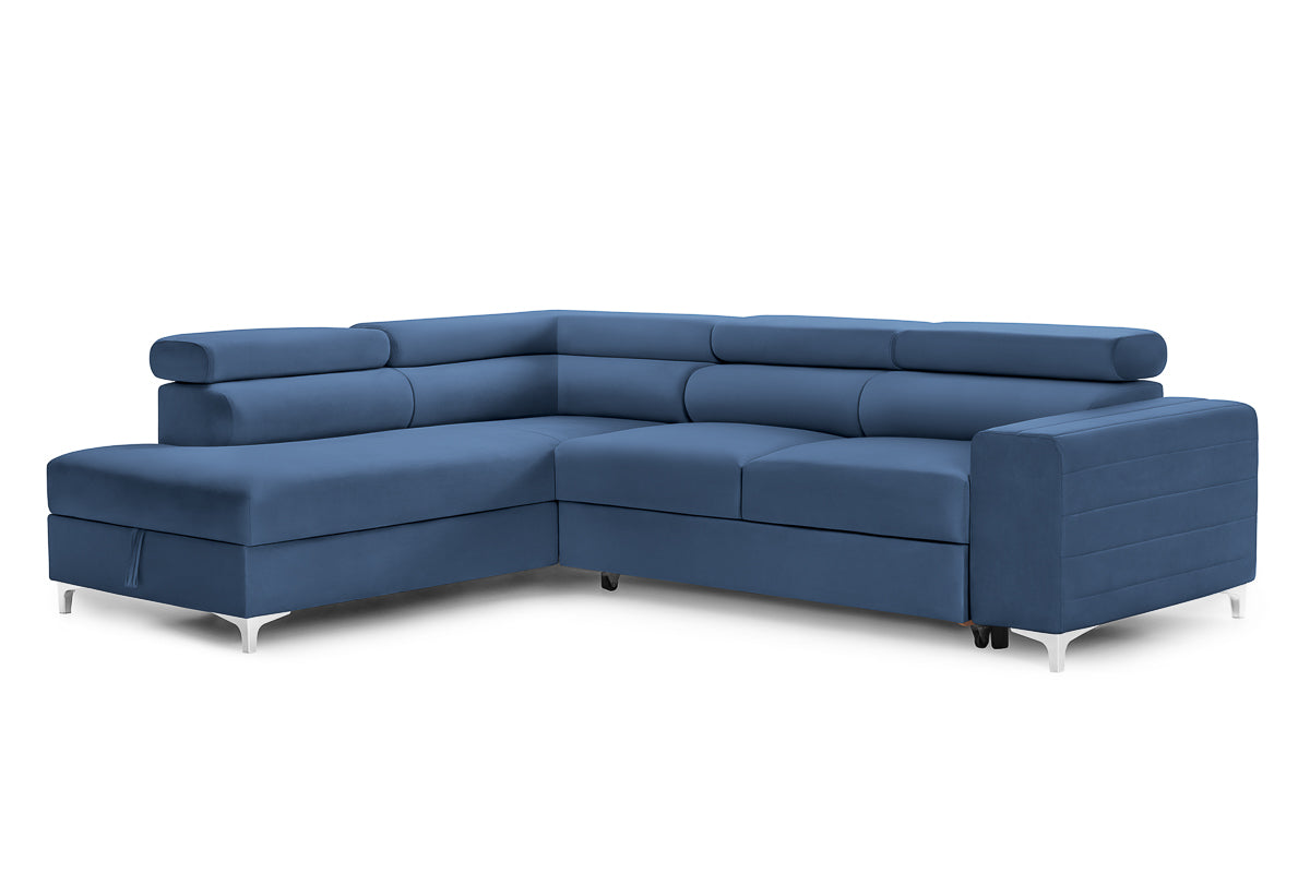 Colțar Extensibil TIME, cu lada depozitare, tetiere reglabile, 285x220x95 cm, #color_Albastru-Velluto
