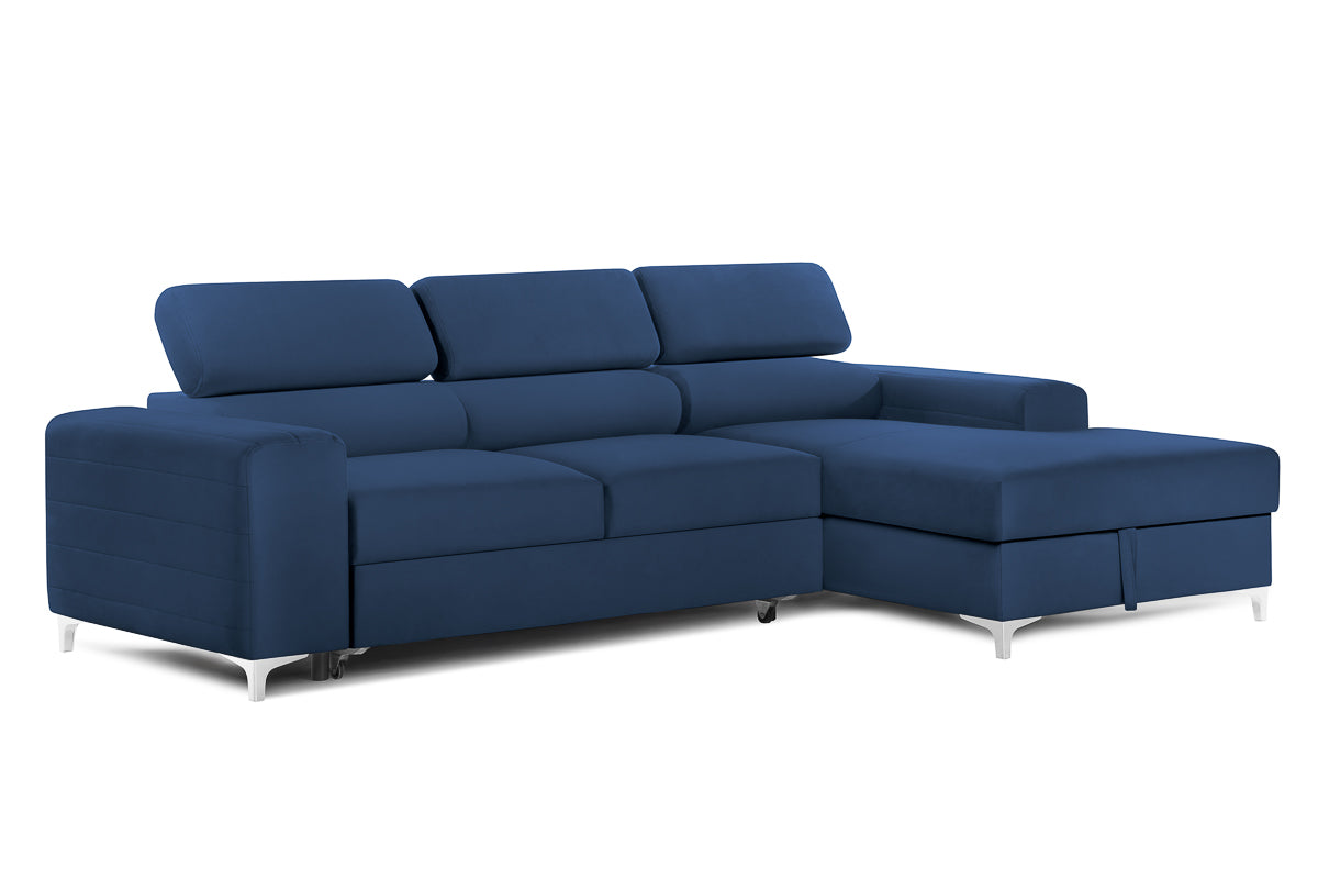 Colțar Extensibil LOFT, cu lada depozitare, tetiere reglabile, 295x170x95 cm, #color_Albastru-Velluto