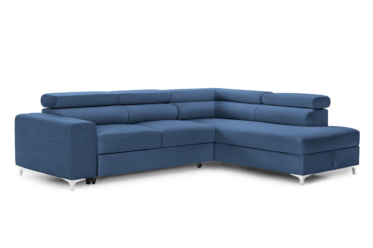 Colțar Extensibil TIME, cu lada depozitare, tetiere reglabile, 285x220x95 cm, #color_Albastru-Velluto