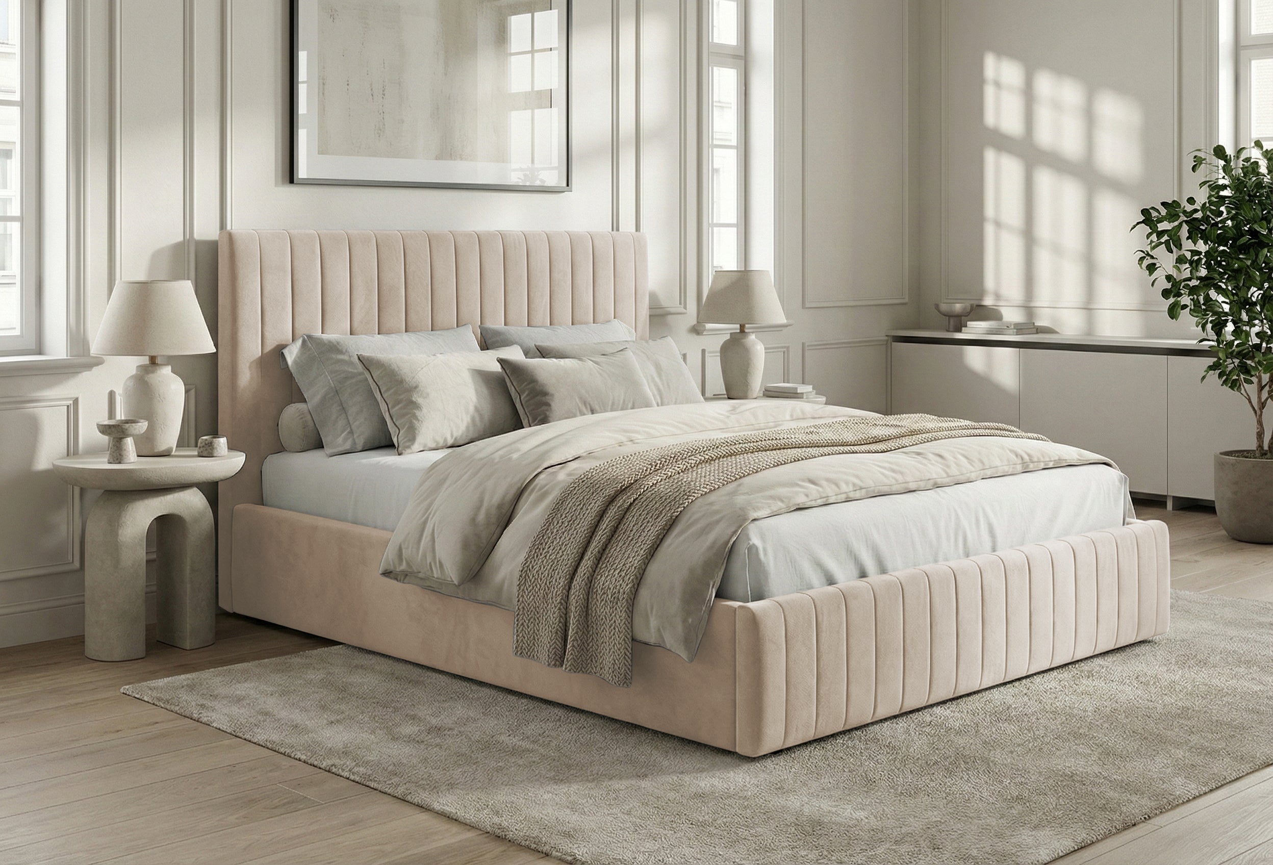 Pat Tapițat Sara, cu somieră rabatabilă și ladă depozitare #color_Bej-Velluto