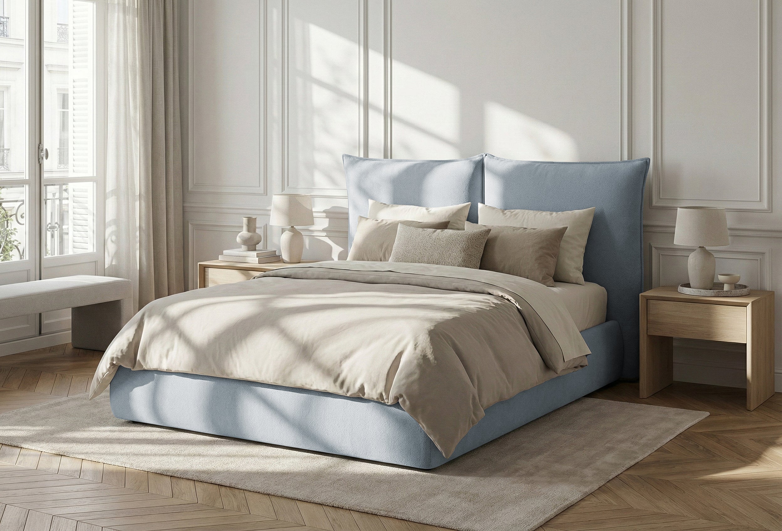 Pat Tapițat Rossi, cu somieră fixă și tăblie înaltă, albastru, #color_Albastru-Loft