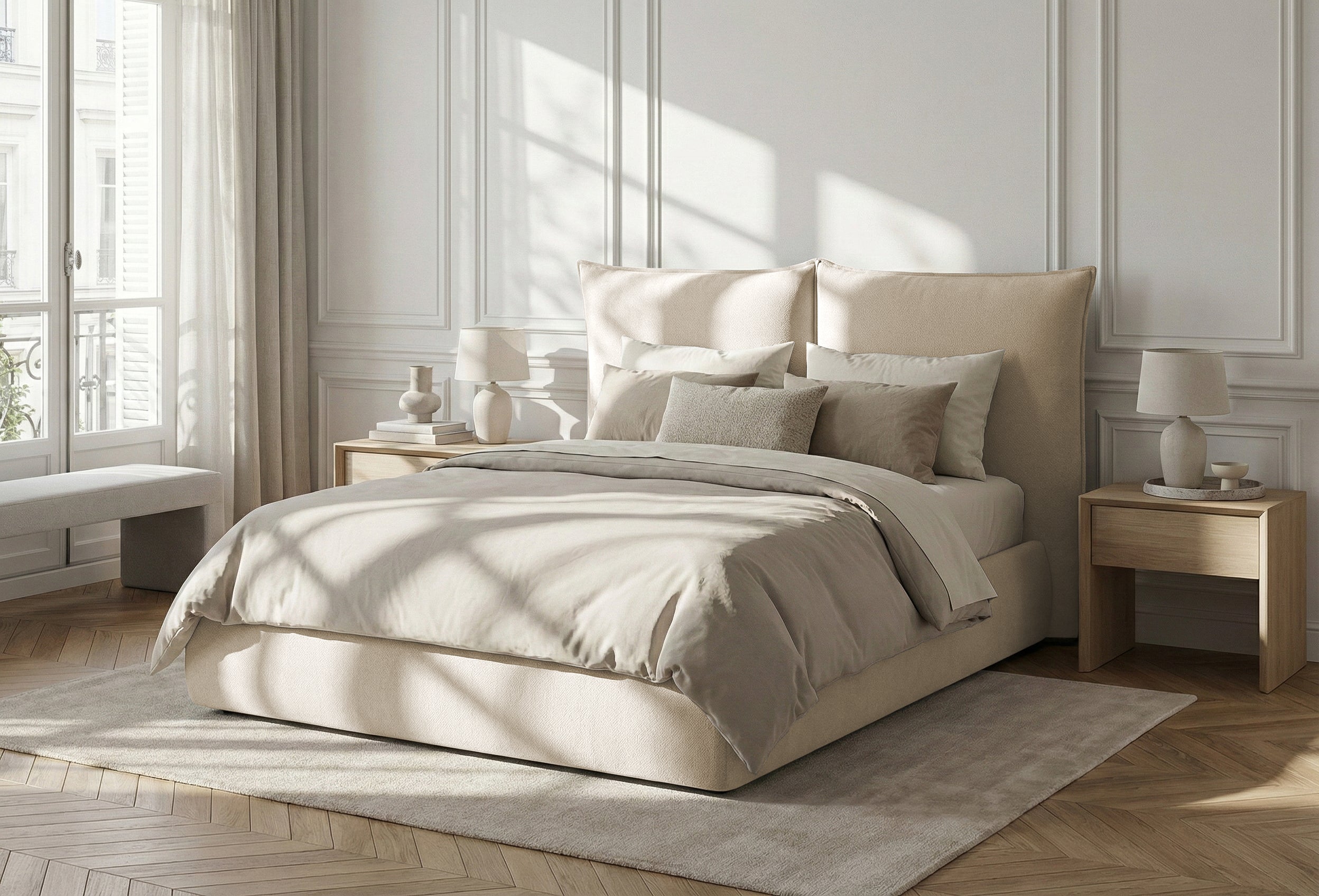 Pat Tapițat Rossi, cu somieră fixă și tăblie înaltă, bej, #color_Bej-Loft