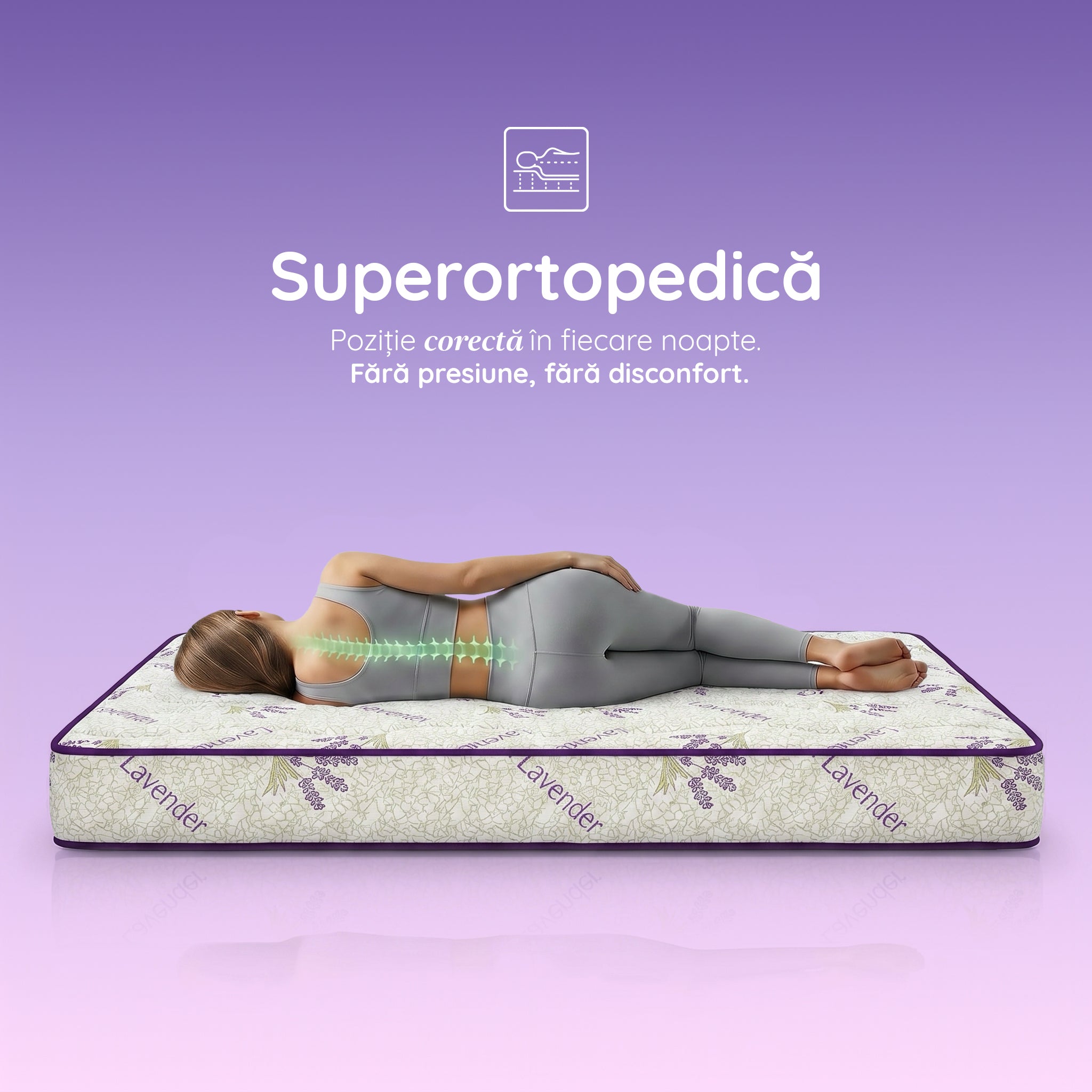 Saltea LAVENDER AIR-FRESH, spumă poliuretanică, reversibilă, hipoalergenică, super ortopedică, Grosime 19 cm  - Prestige Home