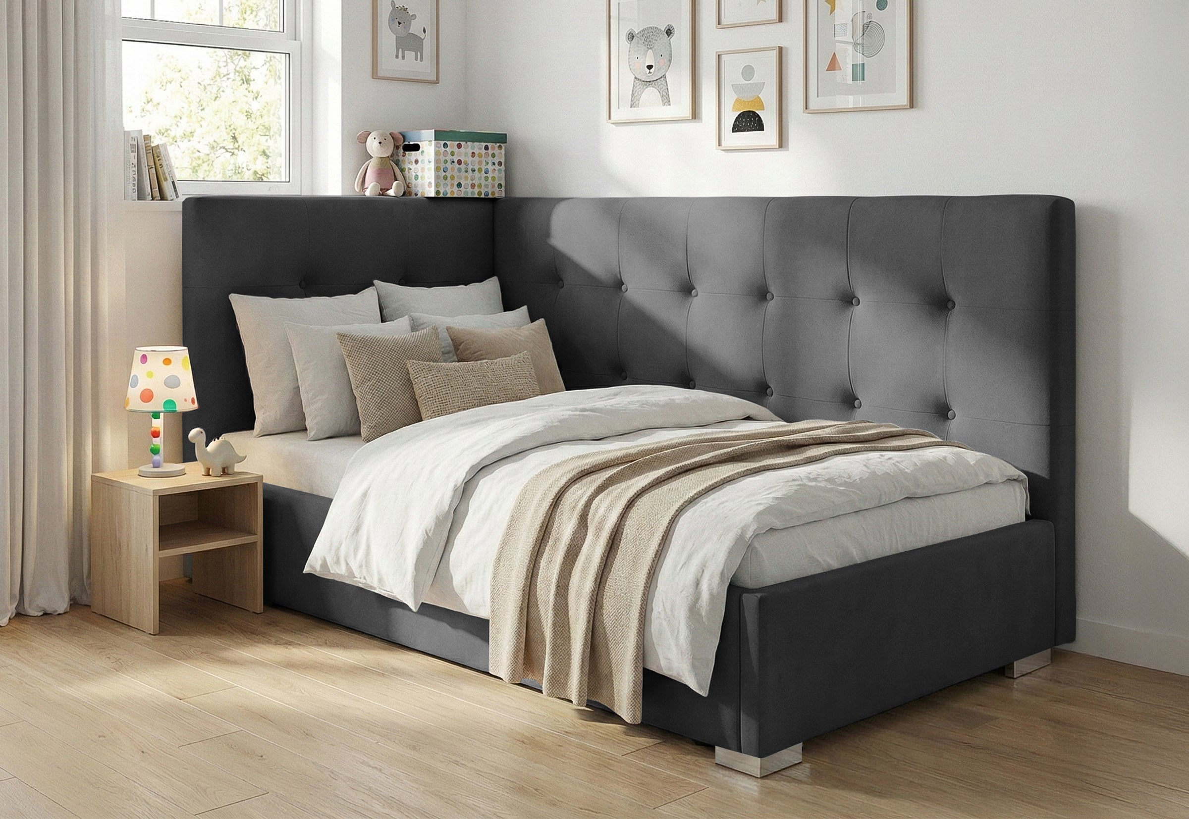 Pat Tapițat Lille de colț, cu somieră rabatabilă și ladă depozitare, #color_Swing-Antracit