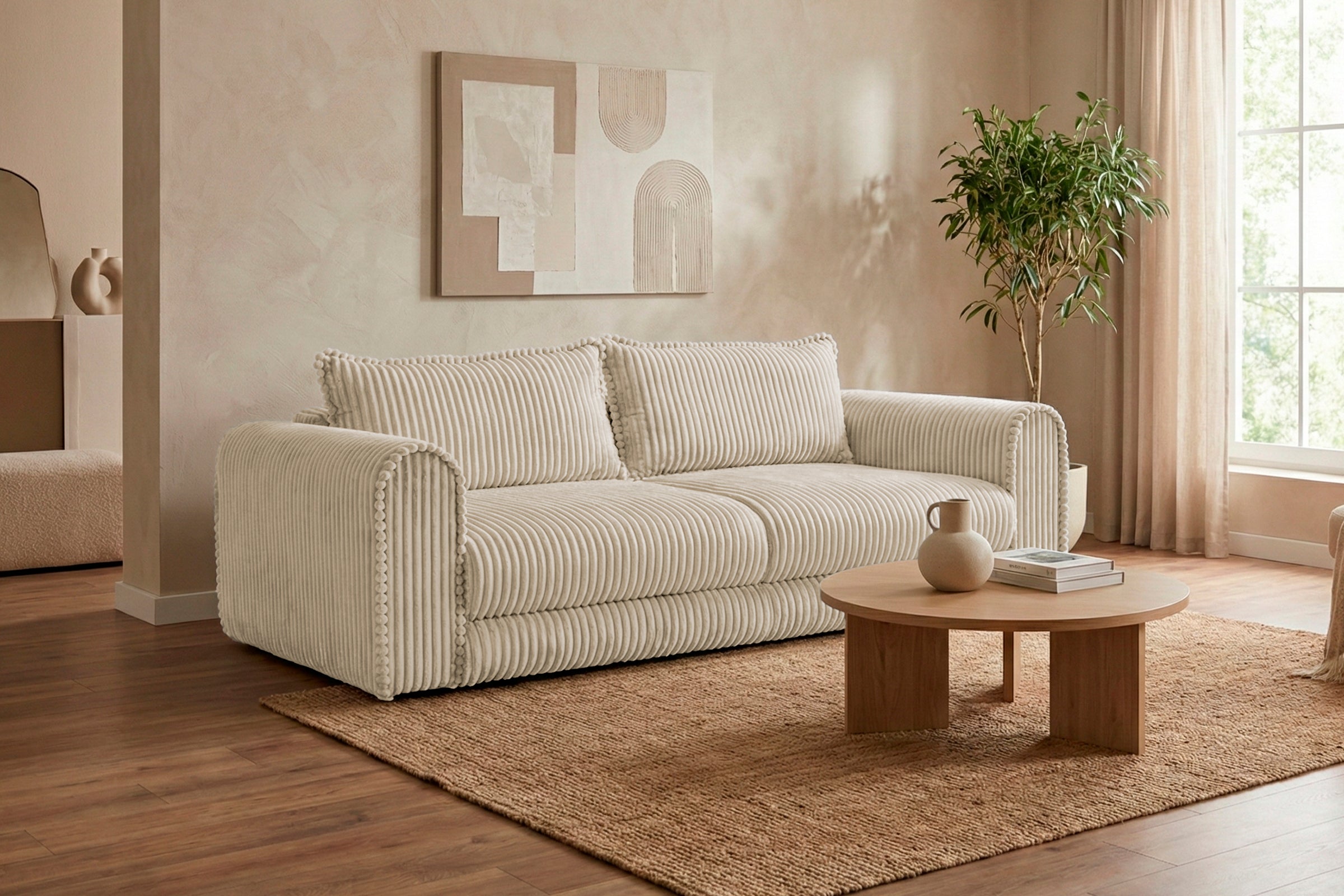 Canapea Extensibilă 3 locuri FELLINI, cu ladă depozitare, 243x108x90 cm, #color_Crem-Tilia