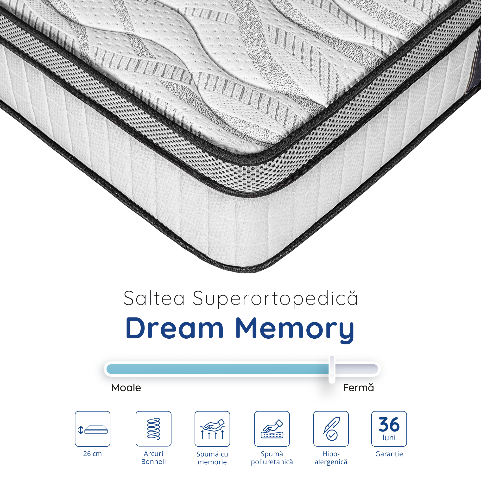 Saltea Ideal Sleep DREAM MEMORY, Arcuri Bonell, spumă poliuretanică fermă, spumă cu memorie, superortopedică, Grosime 26 cm