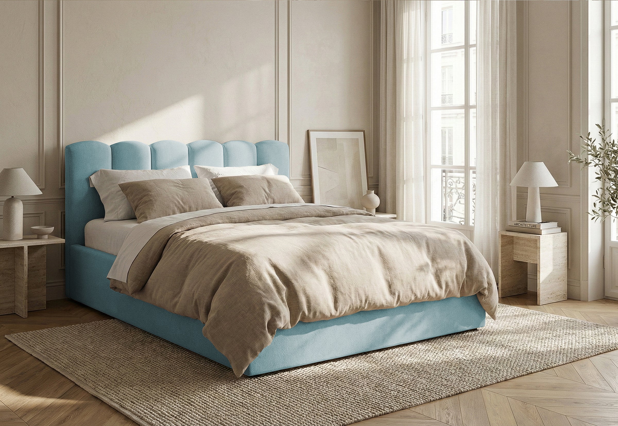 Pat Tapițat PRINCESS, cu somieră rabatabilă și ladă de depozitare, #color_Albastru-Deschis-Mystery