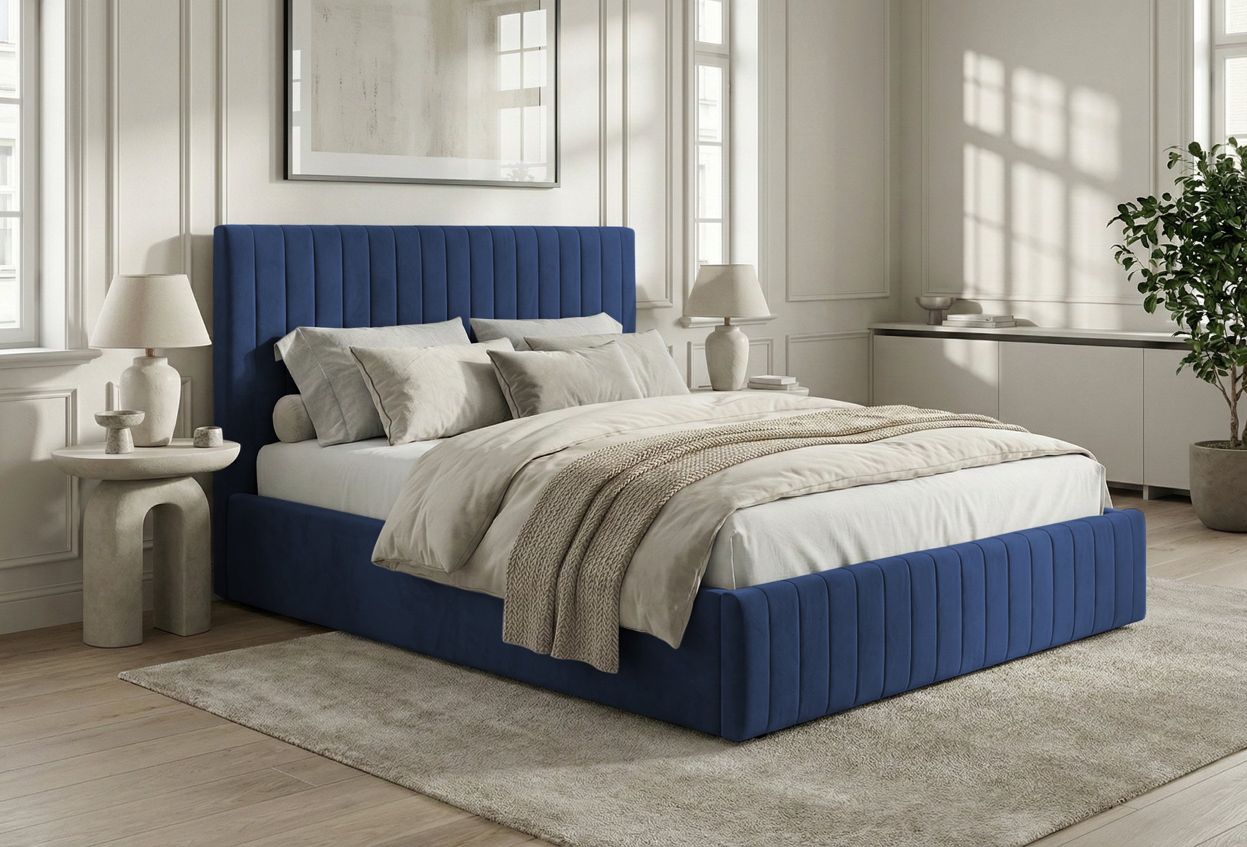 Pat Tapițat Sara, cu somieră rabatabilă și ladă depozitare #color_Albastru-Velluto