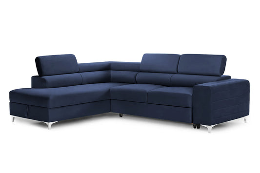 Colțar Extensibil TIME, cu lada depozitare, tetiere reglabile, varianta pe stânga, 285x220x95 cm, Albastru Inchis  - Outlet