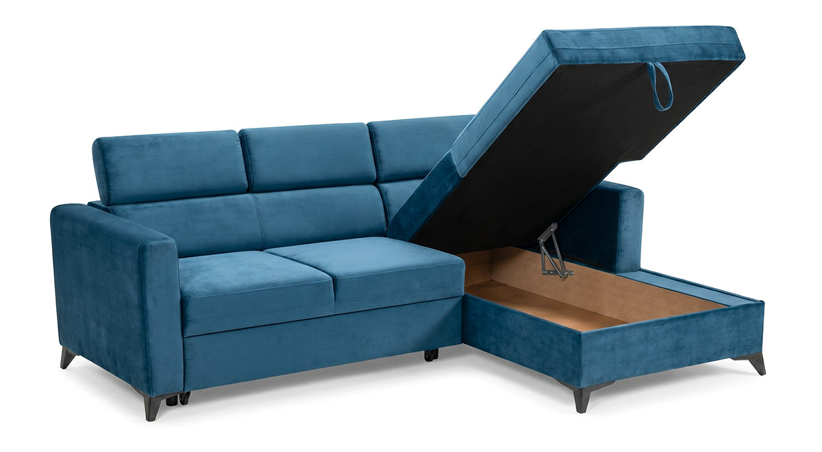 Colțar Extensibil MIZZONI, cu lada depozitare, tetiere reglabile, 250 x 175 x 94 cm, Albastru Denim, Outlet