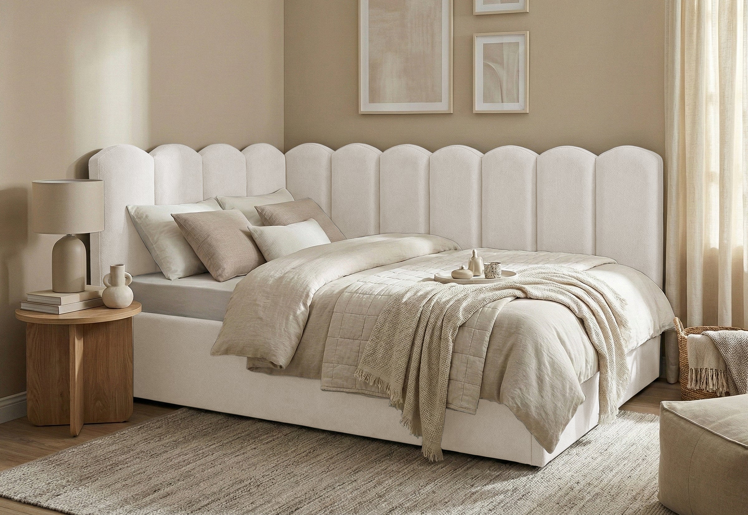 Pat Tapițat Princess de colț, cu somieră rabatabilă și ladă depozitare, #color_Ivoar-Mystery