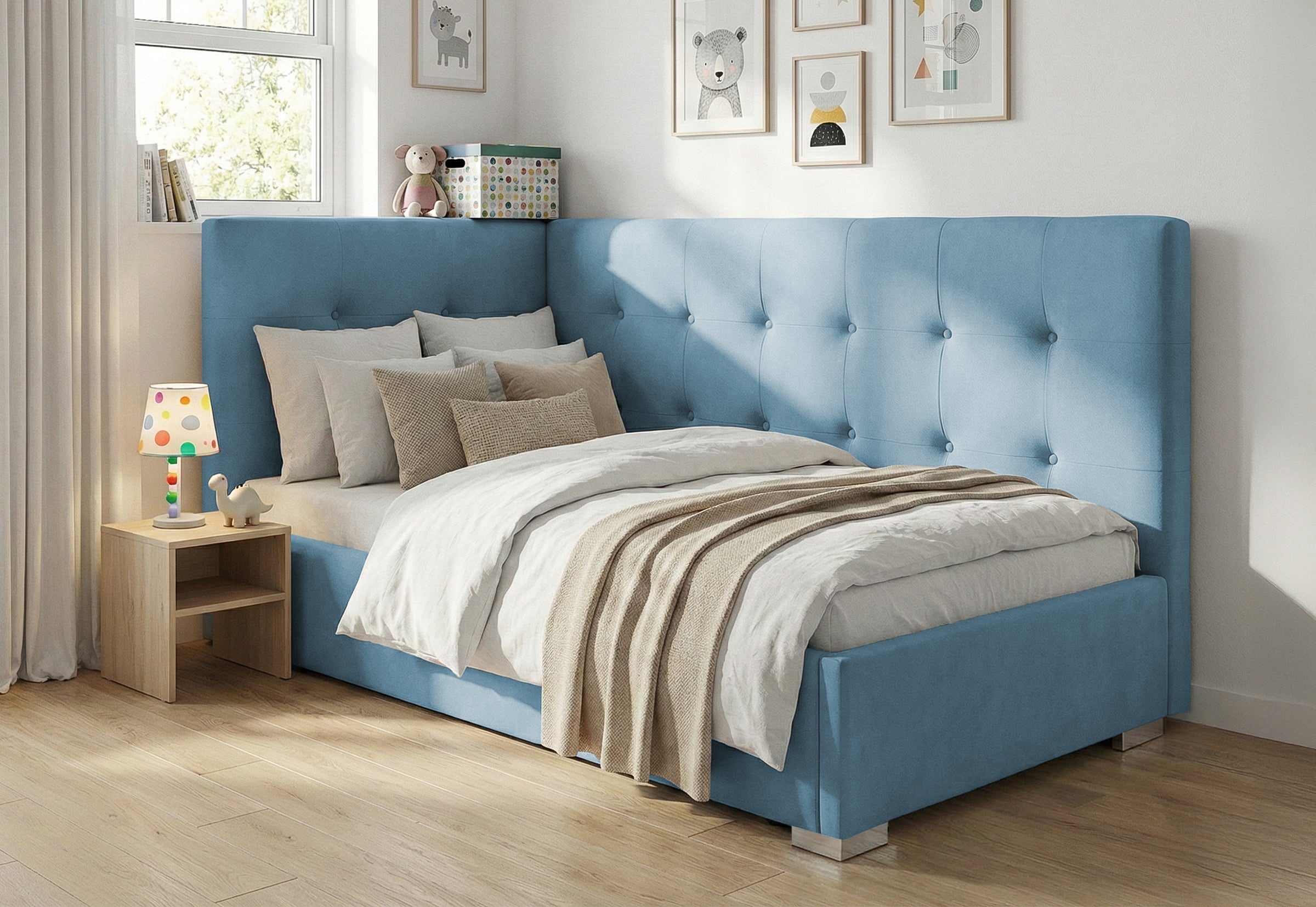 Pat Tapițat Lille de colț, cu somieră rabatabilă și ladă depozitare, #color_Swing-Albastru