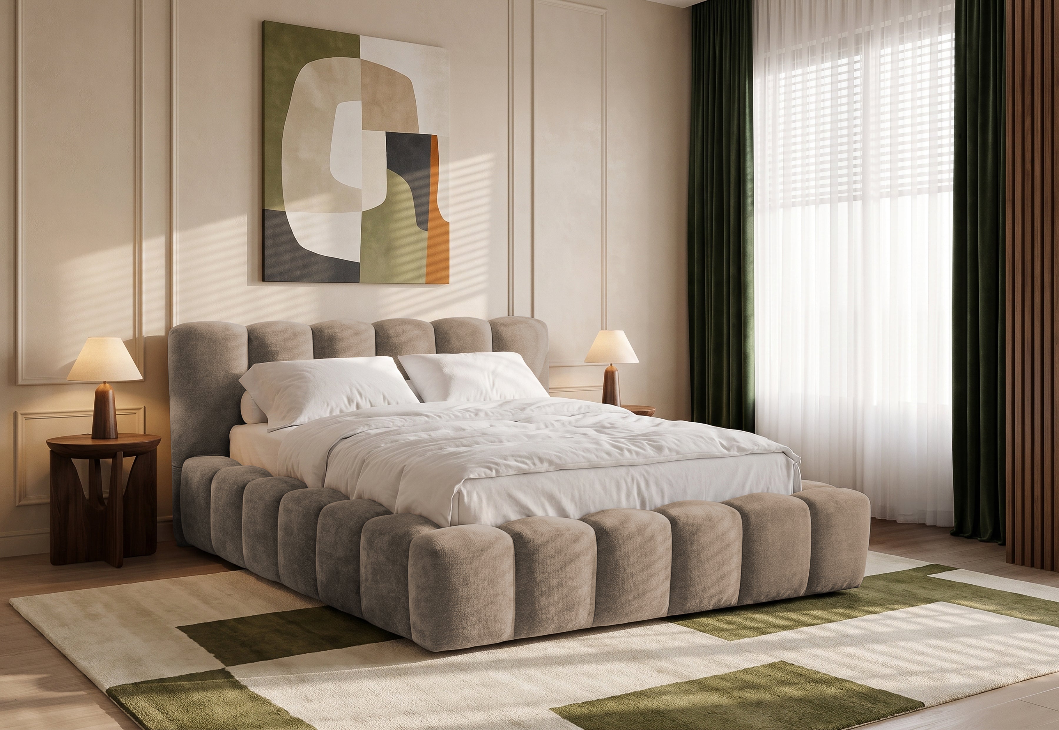 Pat Tapițat Bloom, cu somieră rabatabilă și ladă de depozitare, #color_Bej-Taupe-Eden
