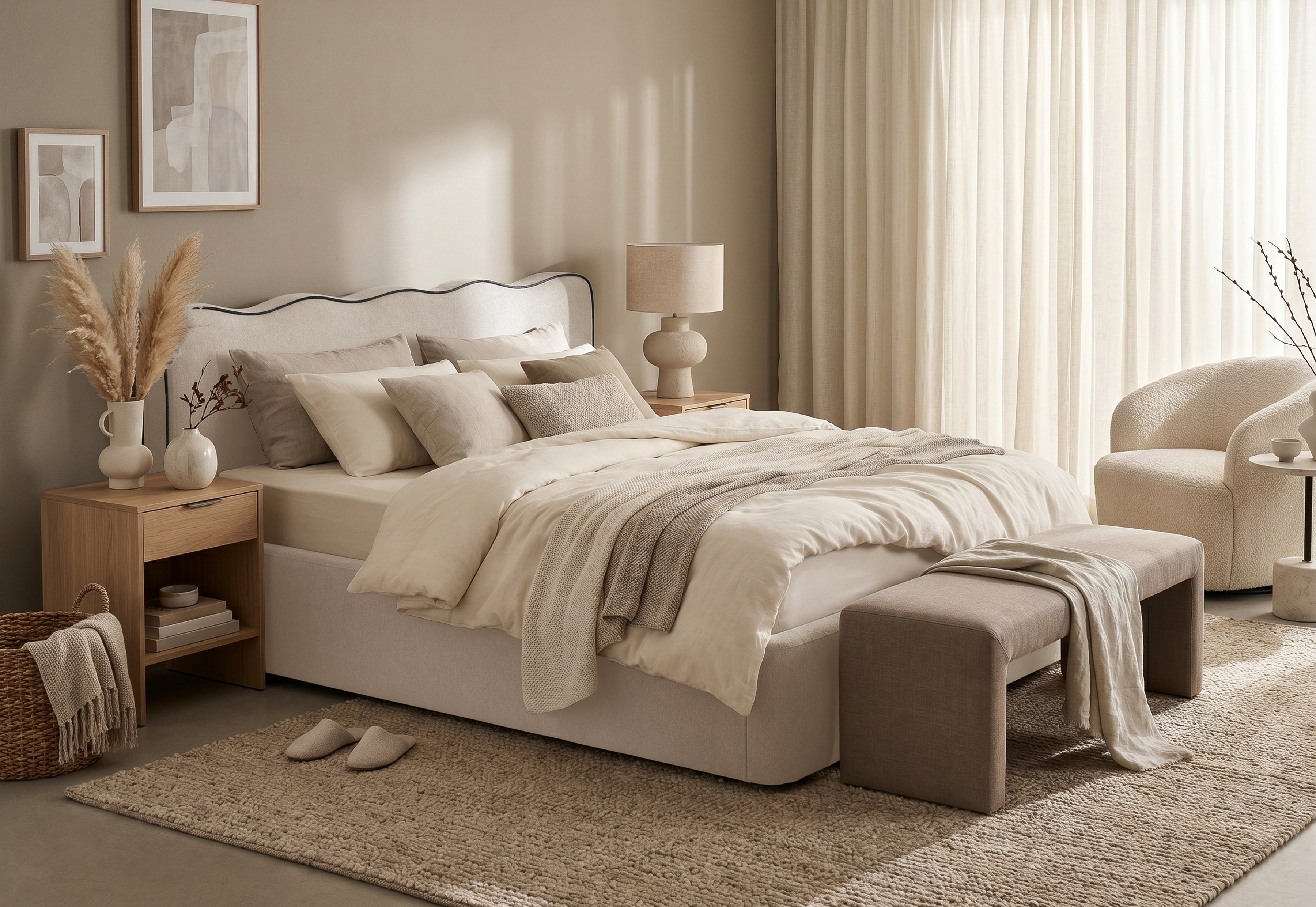 Pat Tapițat KESINGTON, cu somieră rabatabilă și ladă de depozitare, #color_Crem-Loft