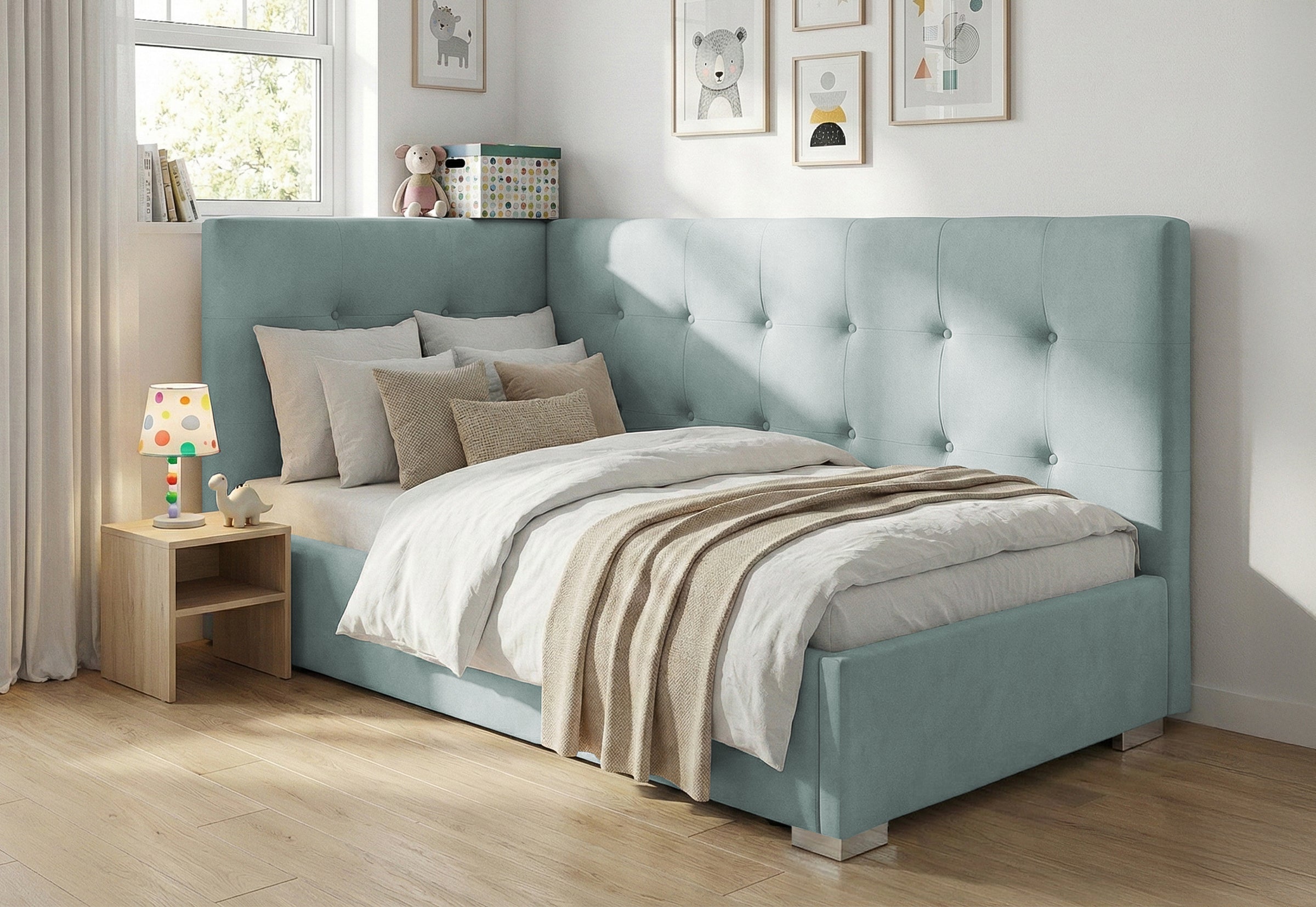 Pat Tapițat Lille de colț, cu somieră rabatabilă și ladă depozitare, #color_Swing-Menta