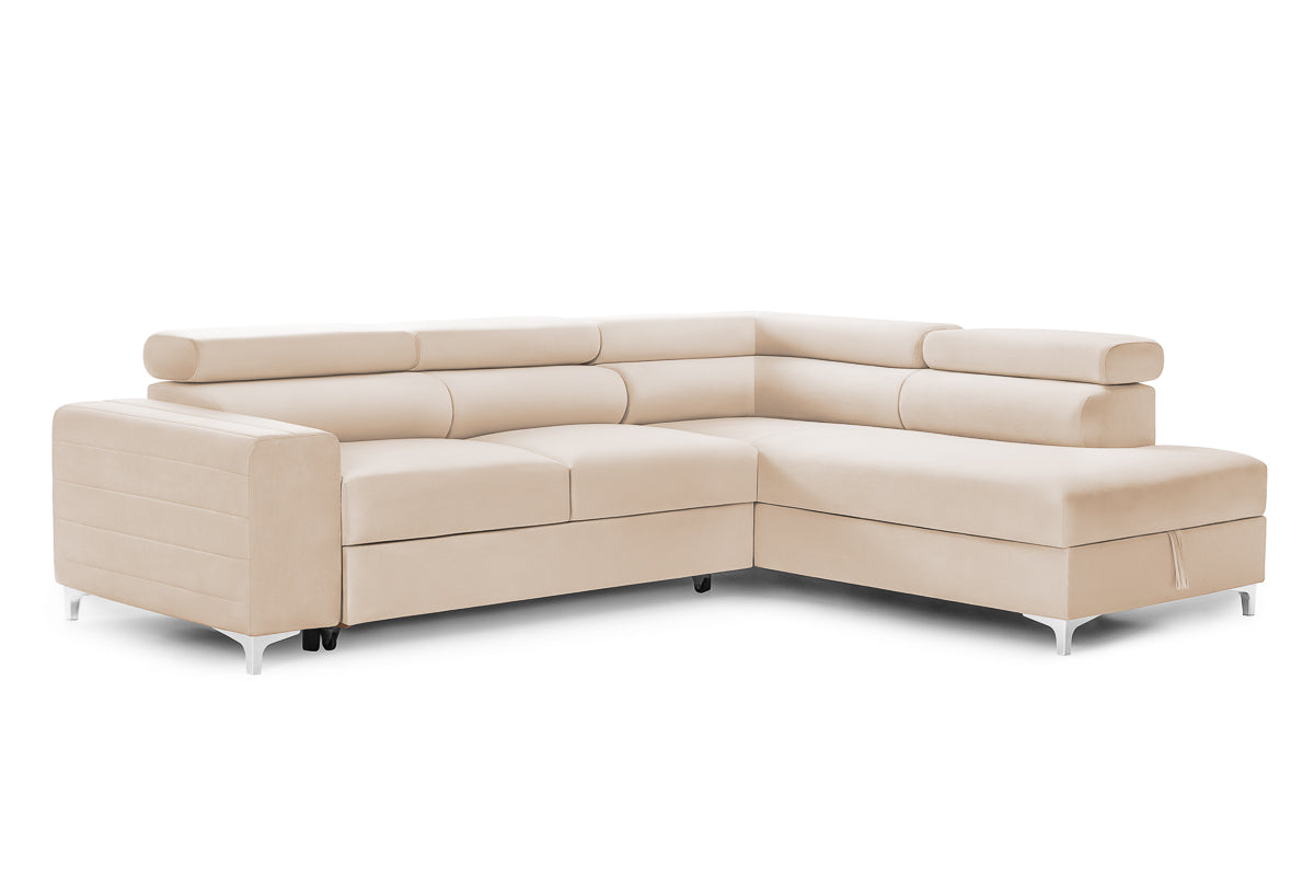 Colțar Extensibil TIME, cu lada depozitare, tetiere reglabile, 285x220x95 cm, #color_Bej-Velluto