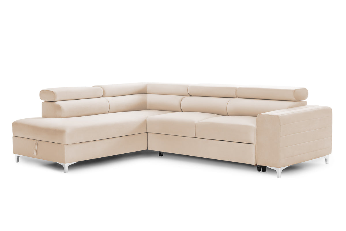 Colțar Extensibil TIME, cu lada depozitare, tetiere reglabile, 285x220x95 cm, #color_Bej-Velluto
