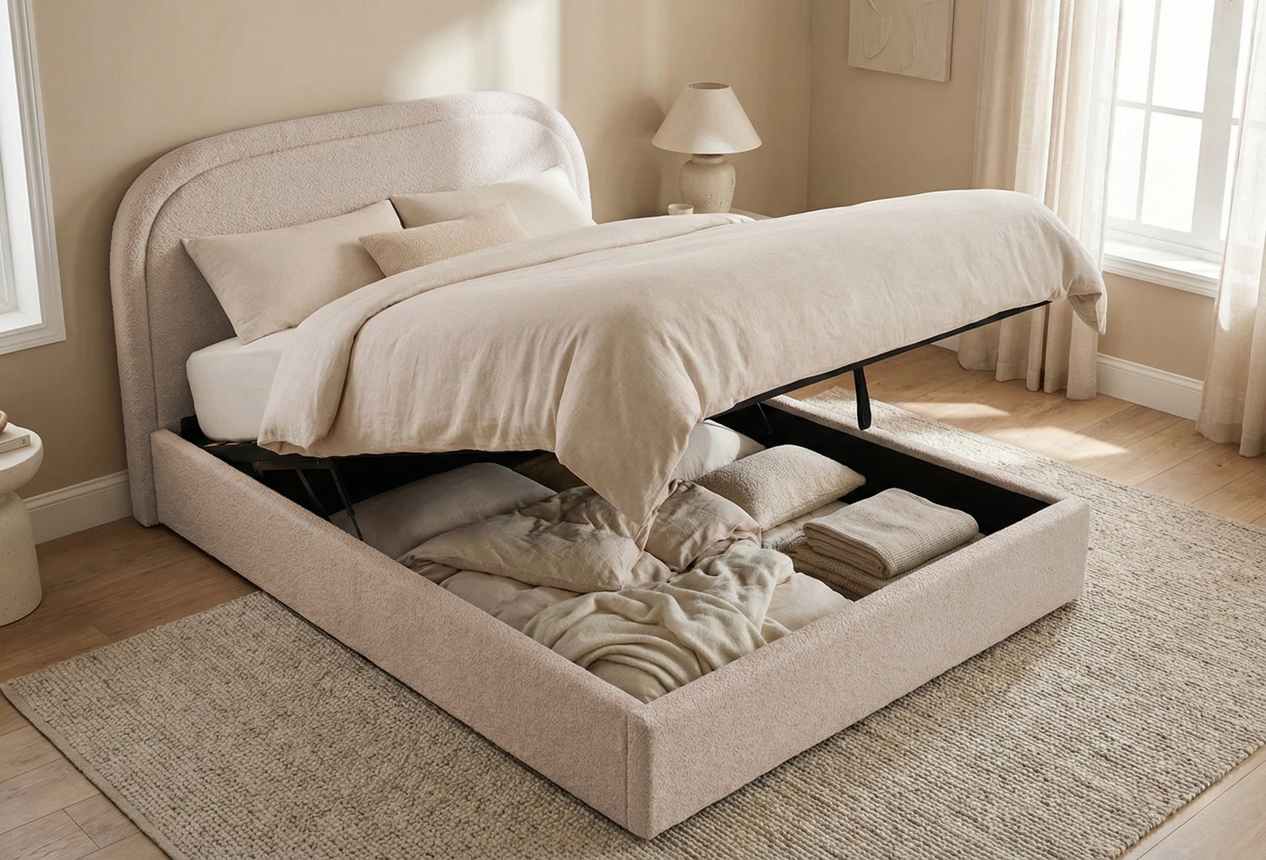 Pat Tapițat Cloud, cu somieră rabatabilă și ladă de depozitare, #color_Anthology-Crem