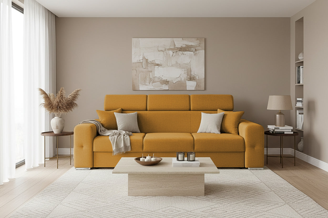 Canapea Extensibila 3 locuri BELLAGIO, cu tetiere, 235x95x85 cm - Prestigehome.ro - Canapea 3 Locuri - Prestige - #color_Mango-Enjoy