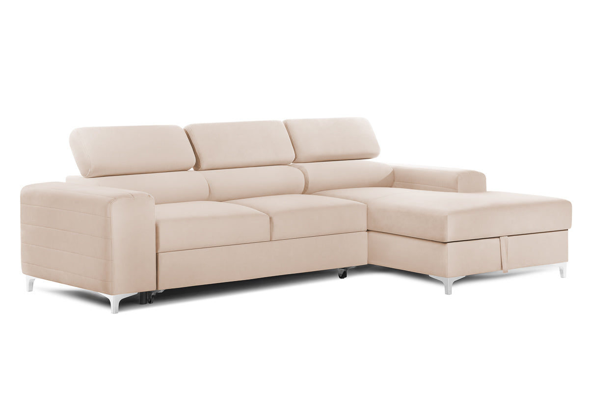 Colțar Extensibil LOFT, cu lada depozitare, tetiere reglabile, 295x170x95 cm, #color_Bej-Velluto